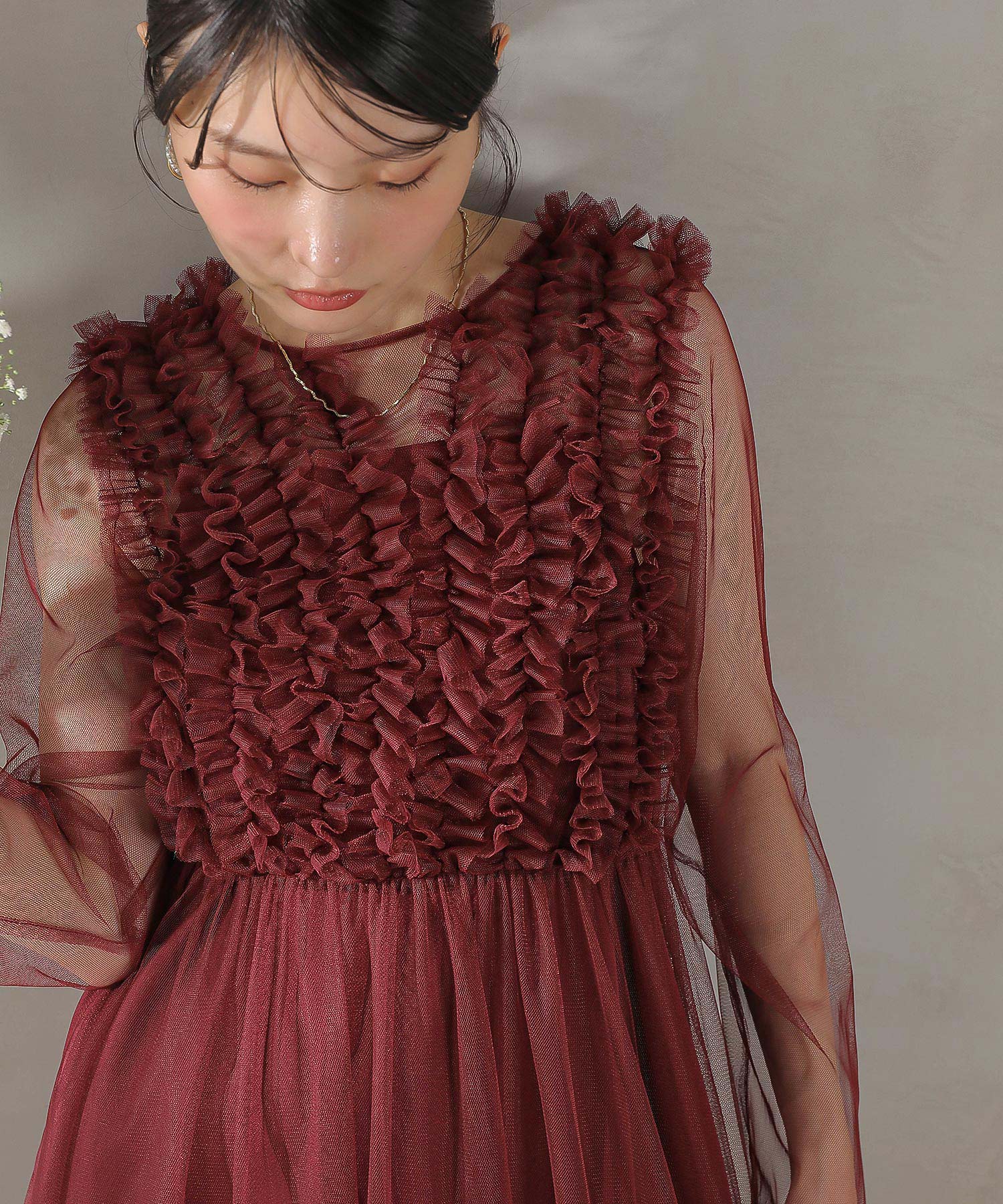 チュール ロング フリル Aライン ワンピース ドレス ２点セット