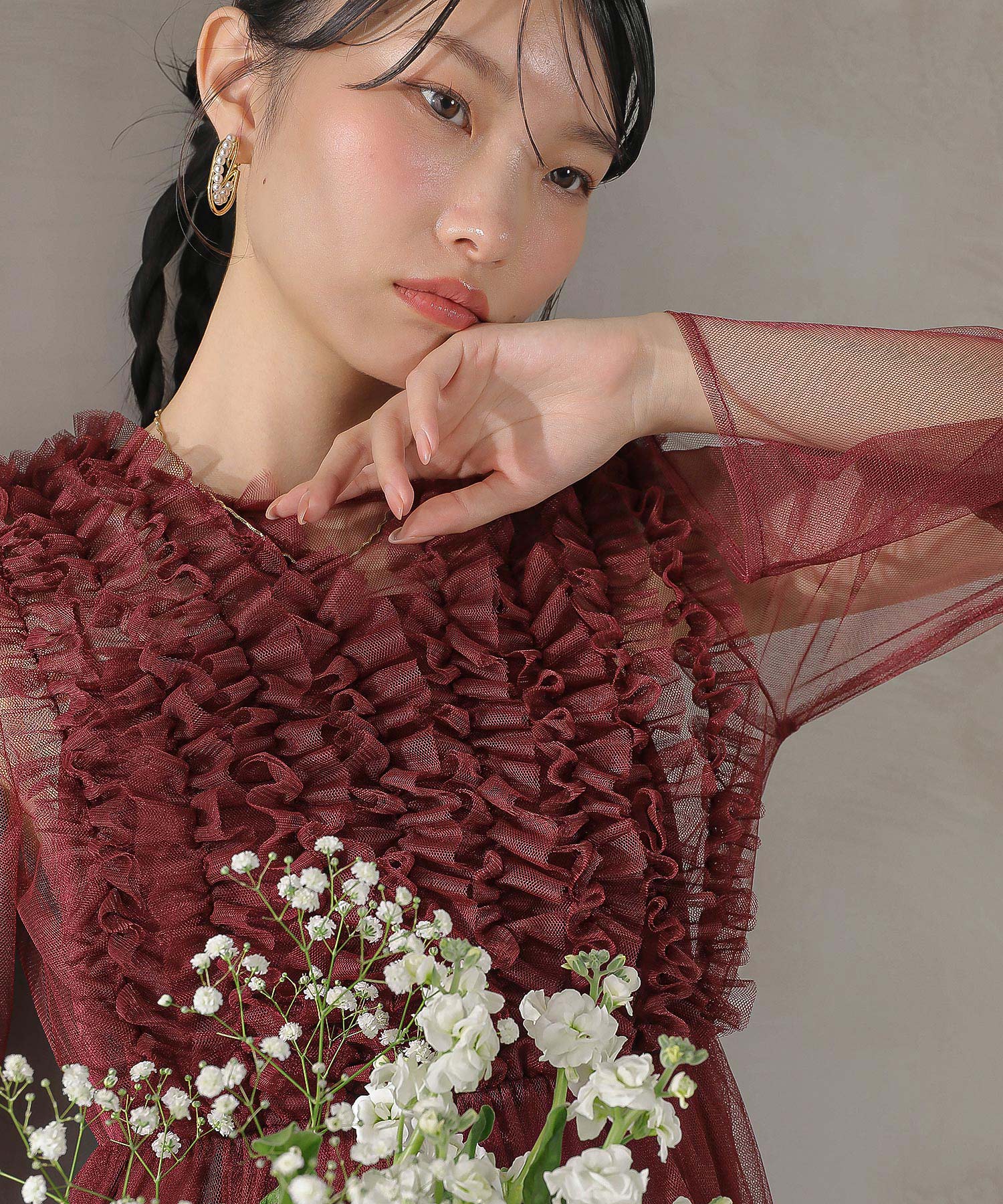 チュール ロング フリル Aライン ワンピース ドレス ２点セット