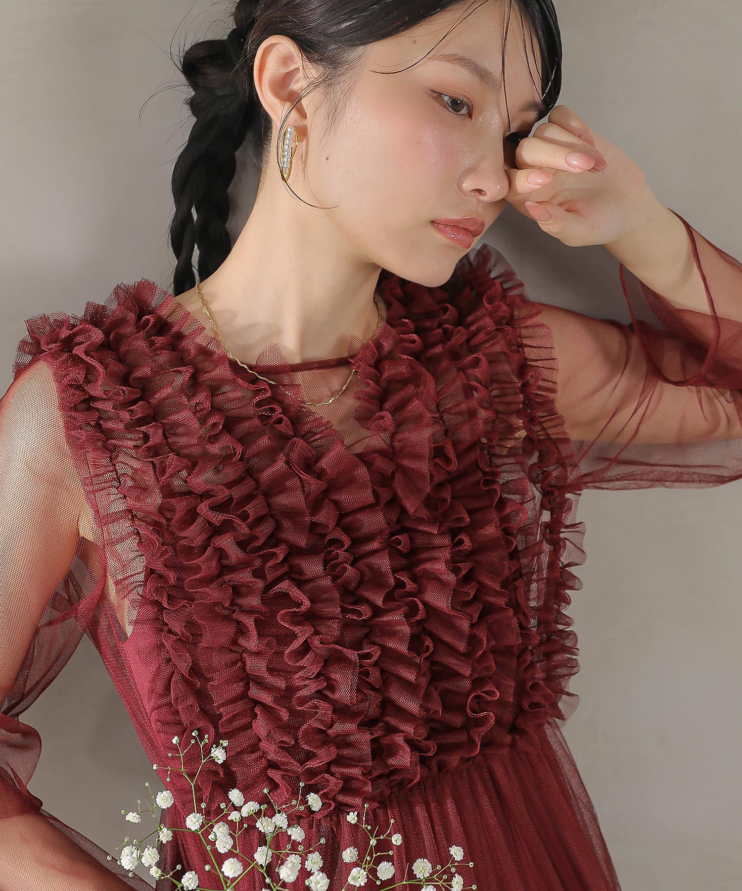 チュール ロング フリル Aライン ワンピース ドレス ２点セット