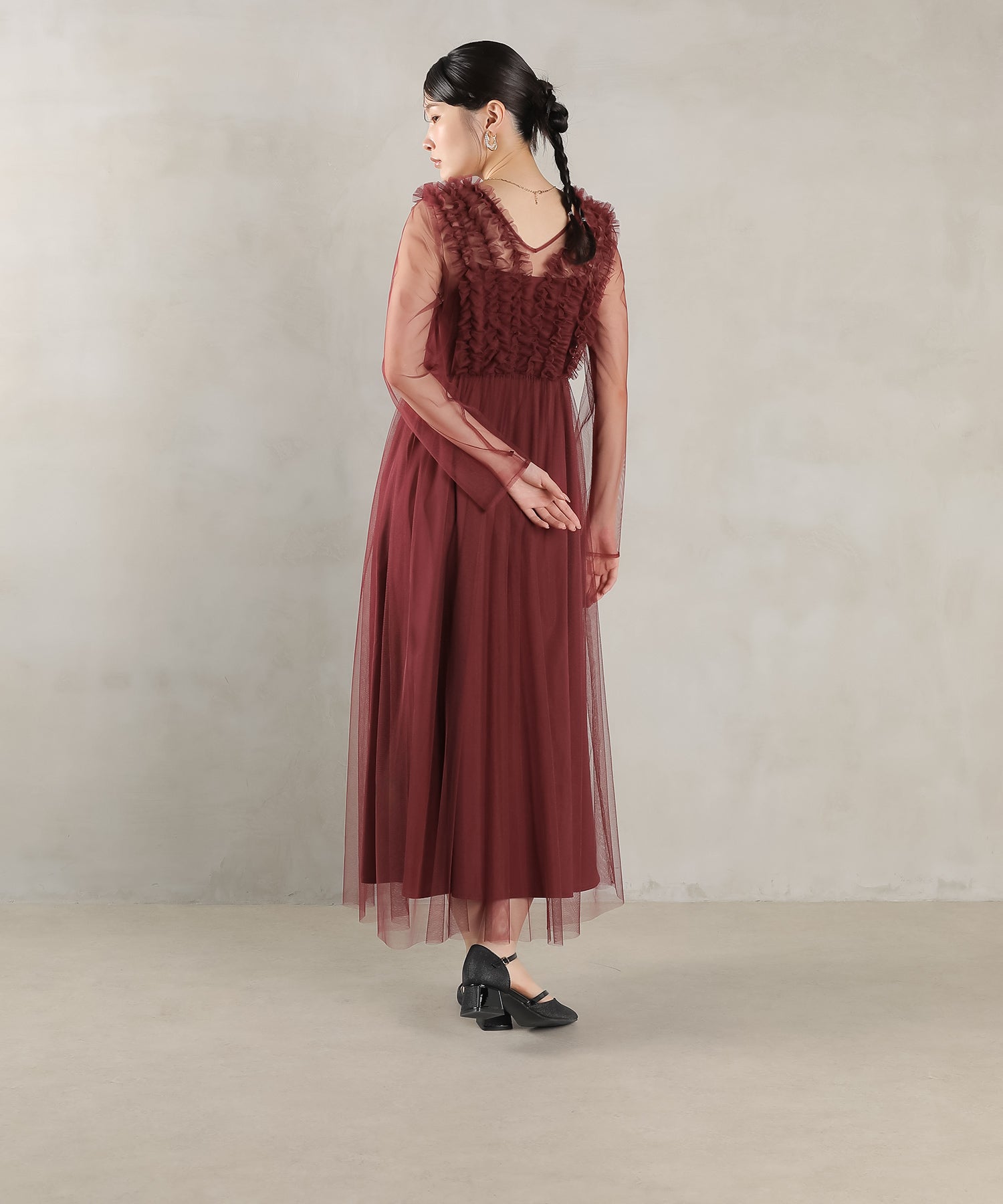 チュール ロング フリル Aライン ワンピース ドレス ２点セット