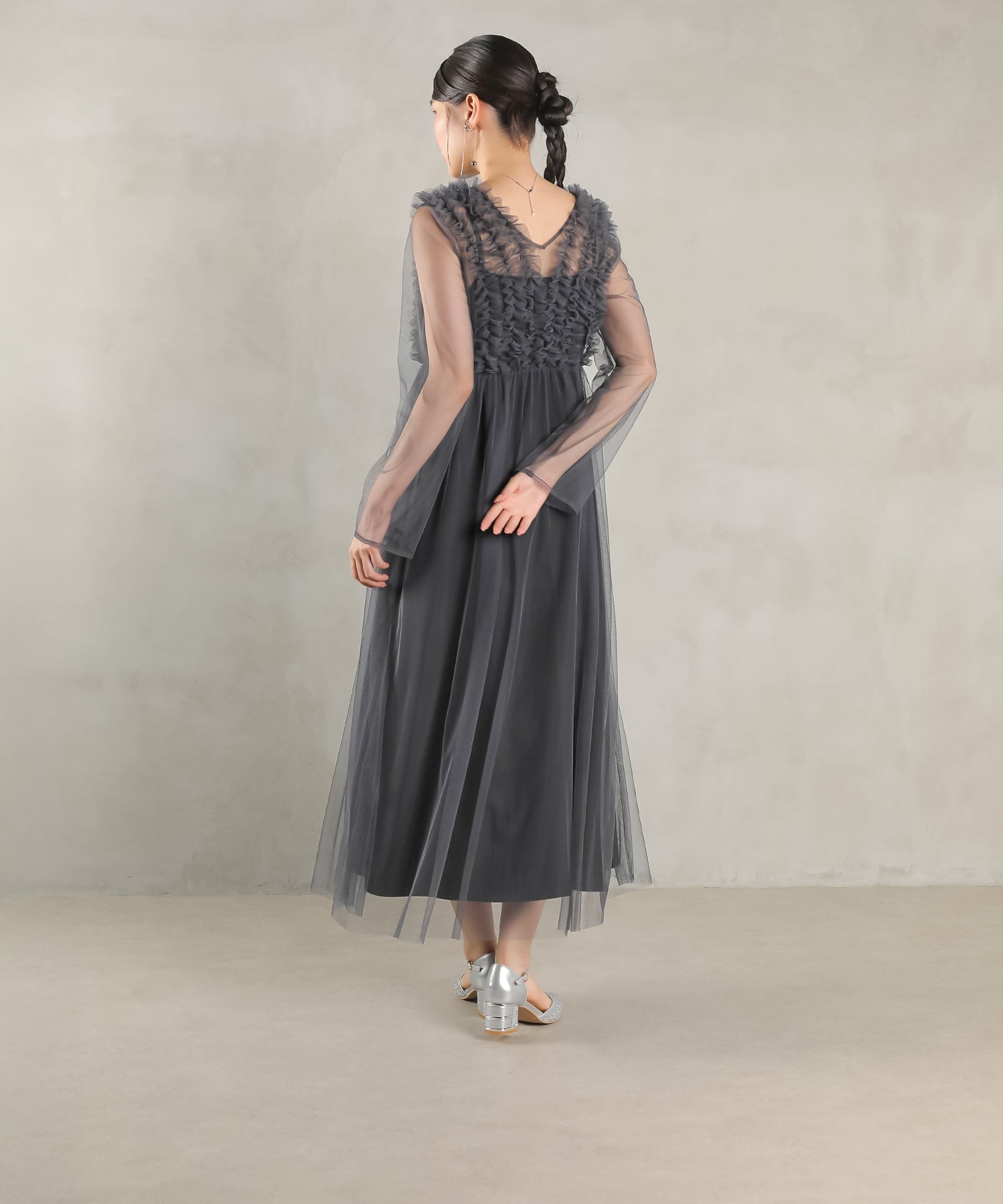 チュール ロング フリル Aライン ワンピース ドレス ２点セット