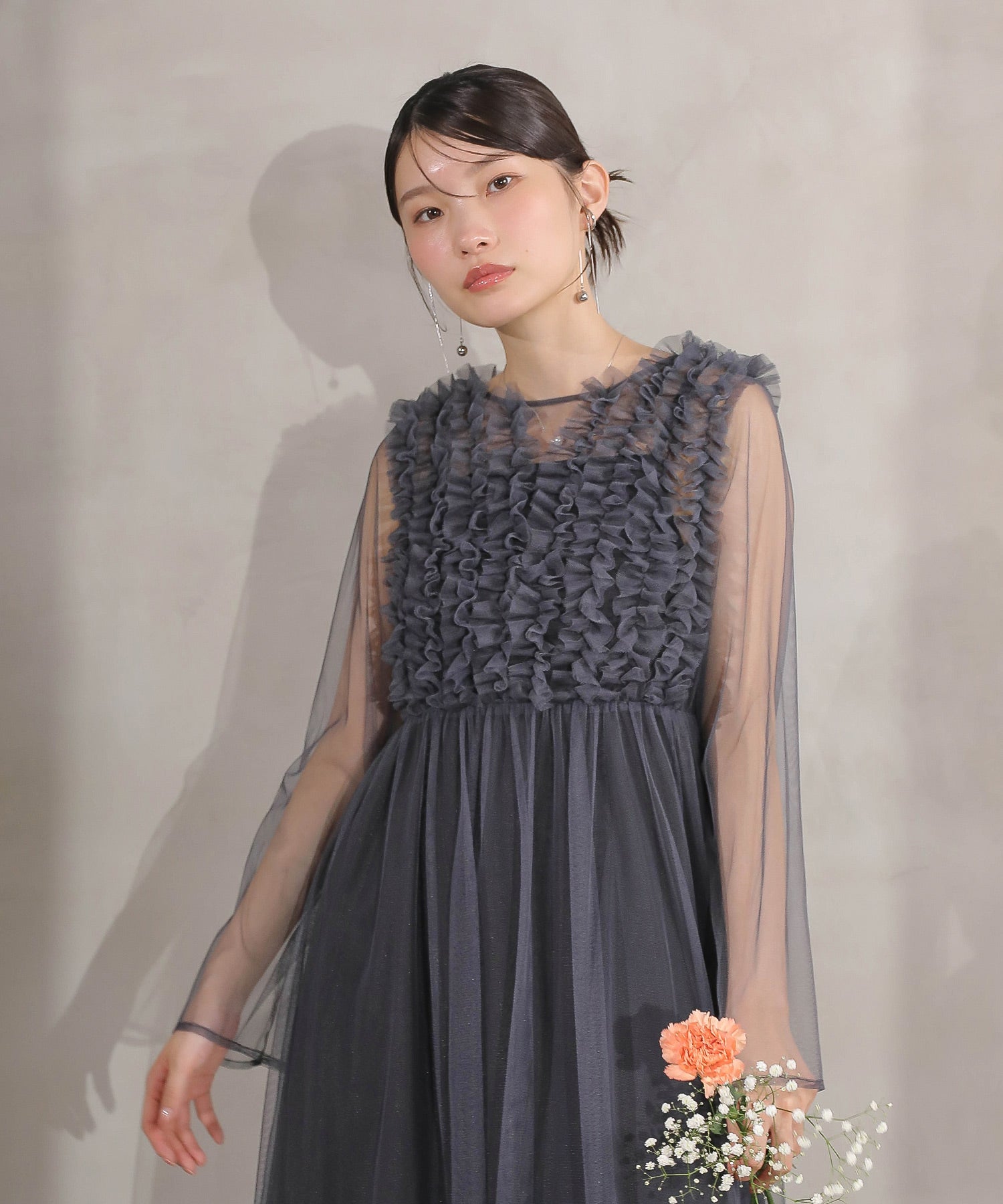 チュール ロング フリル Aライン ワンピース ドレス ２点セット