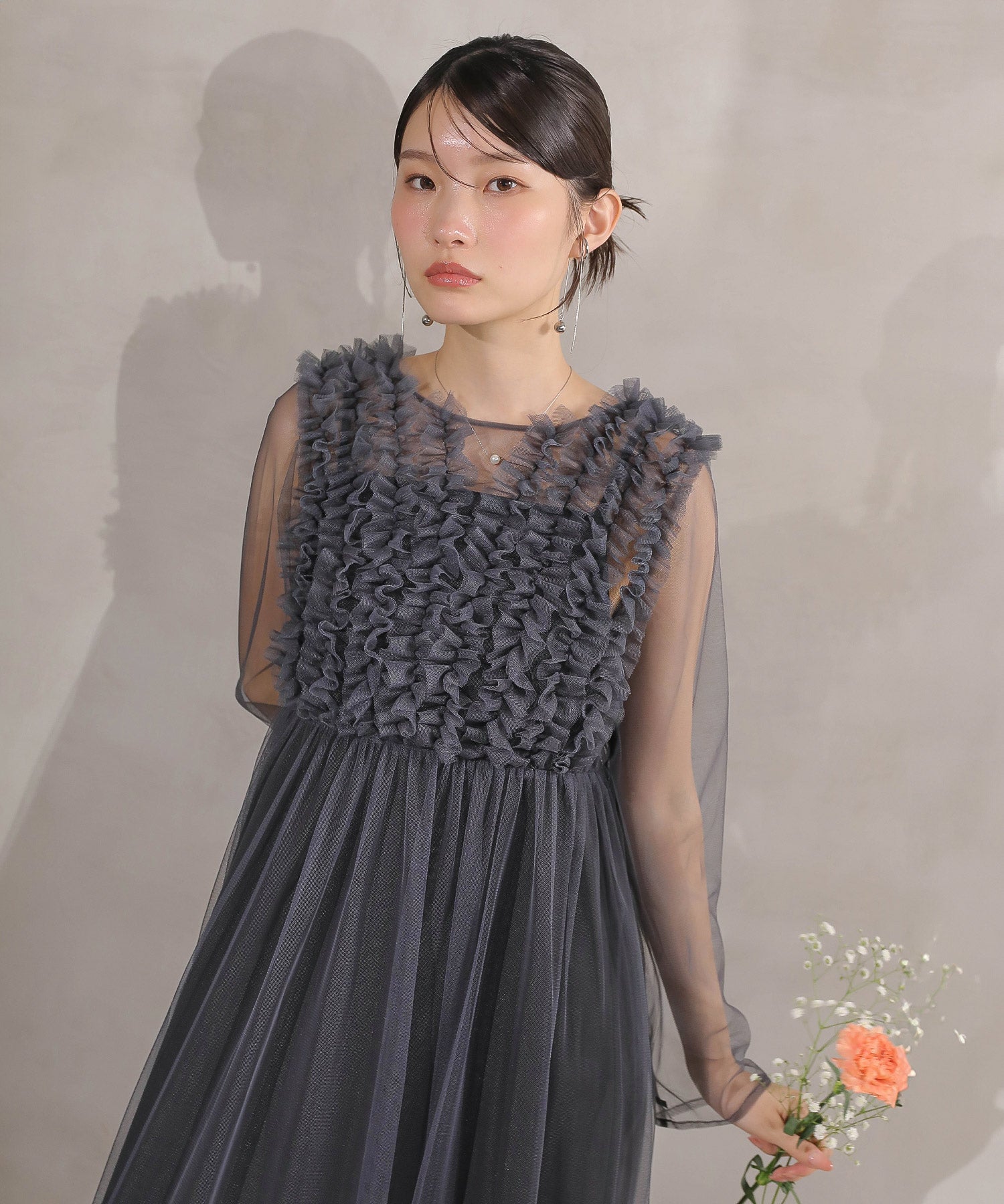 チュール ロング フリル Aライン ワンピース ドレス ２点セット