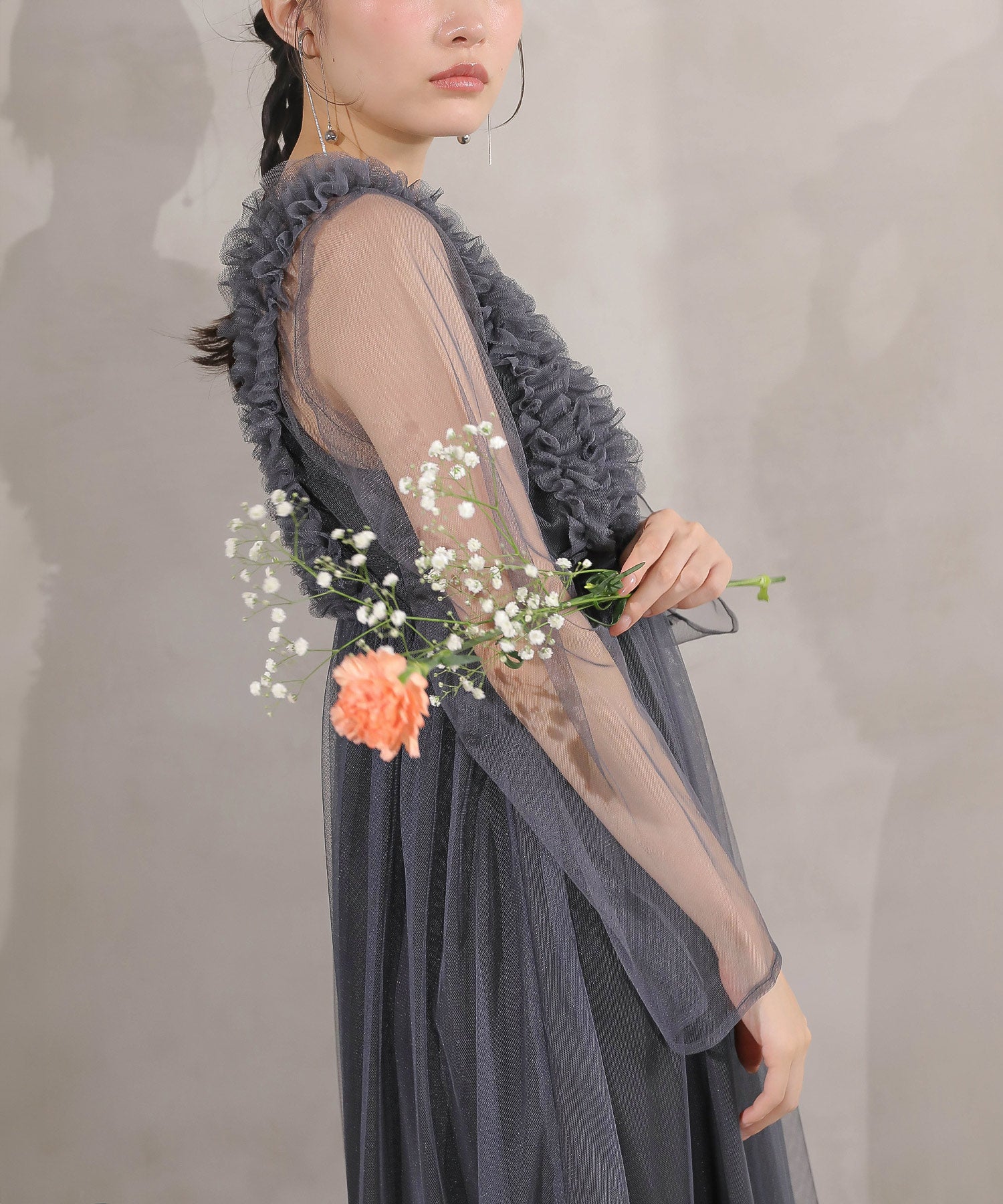 チュール ロング フリル Aライン ワンピース ドレス ２点セット