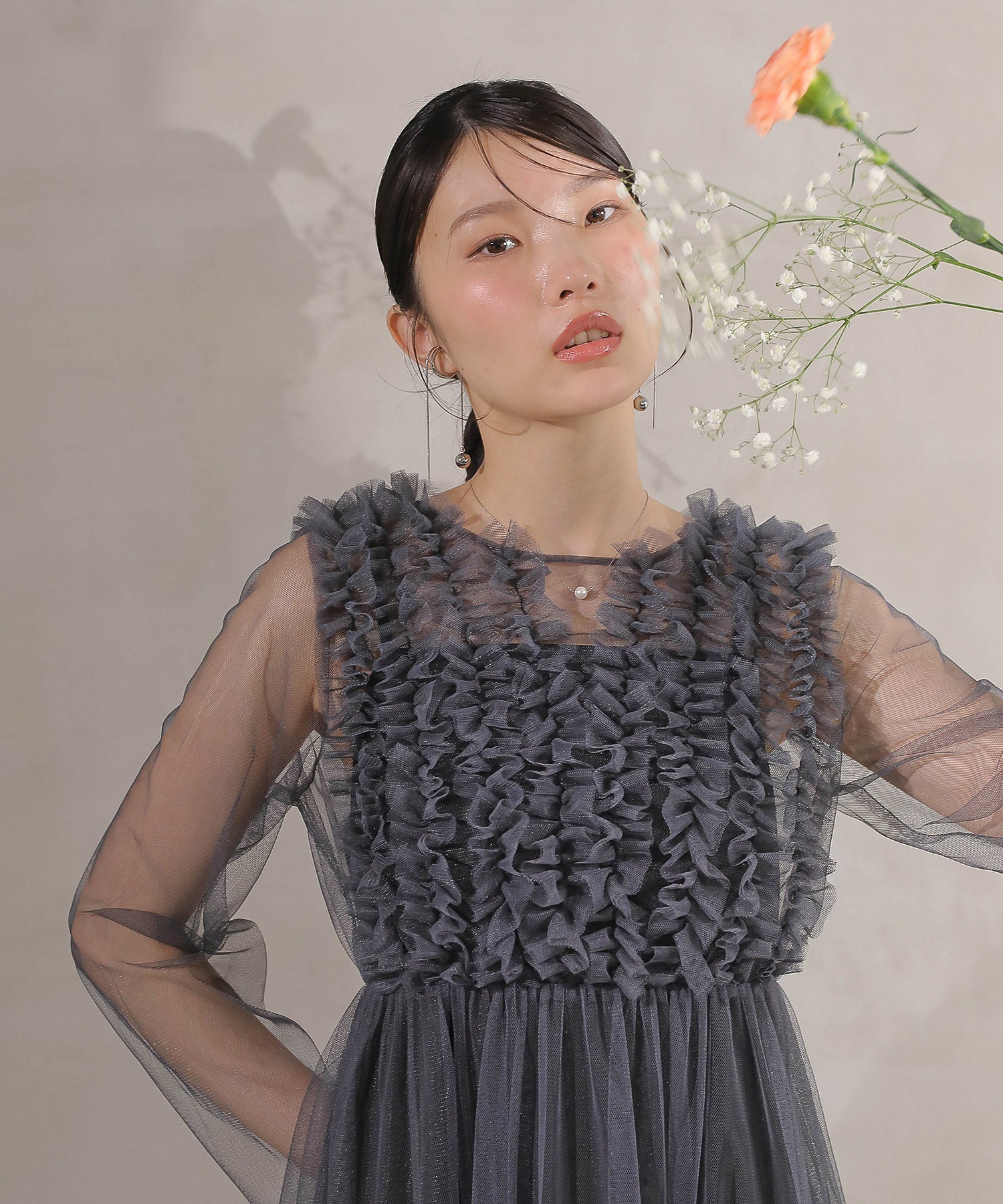 チュール ロング フリル Aライン ワンピース ドレス ２点セット