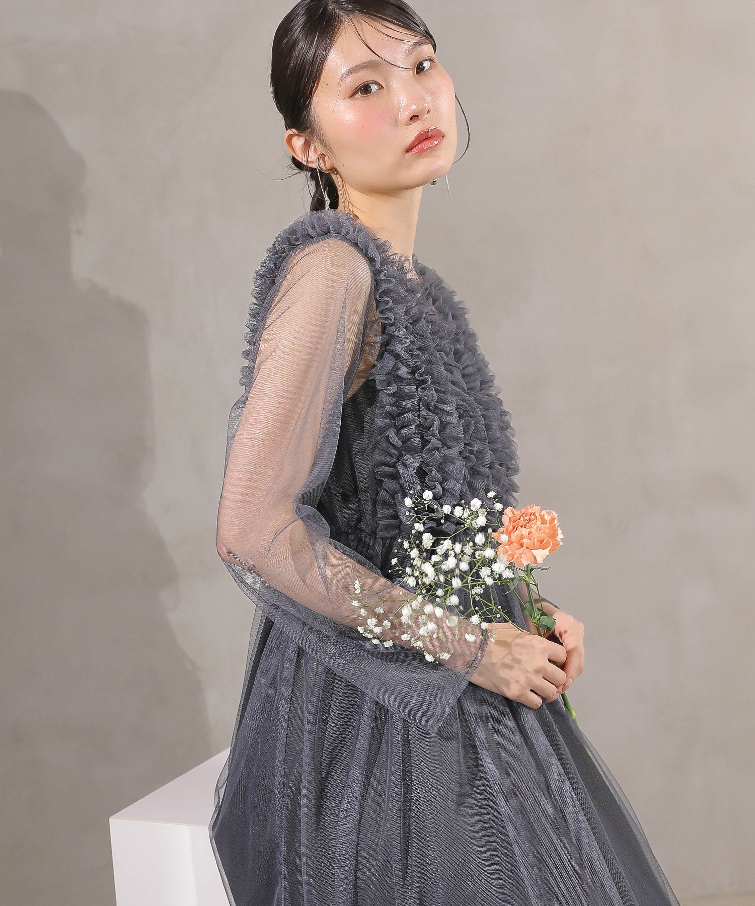 チュール ロング フリル Aライン ワンピース ドレス ２点セット