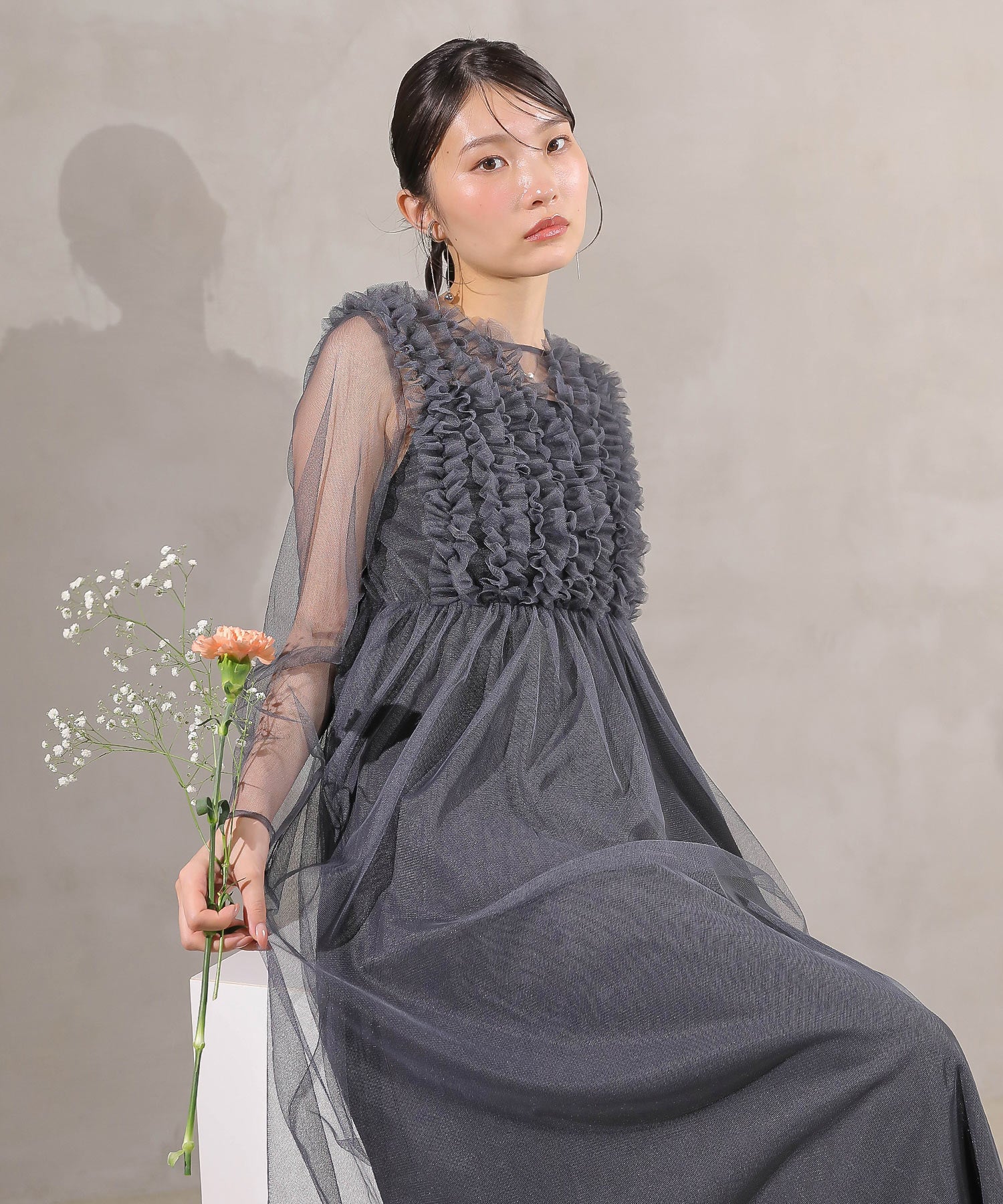 チュール ロング フリル Aライン ワンピース ドレス ２点セット