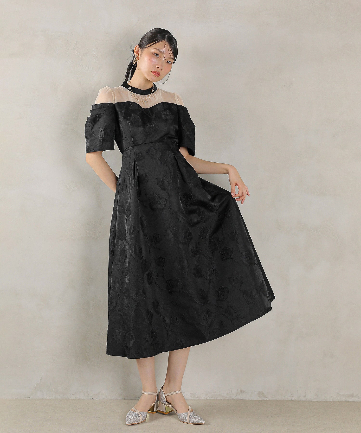 ジャガード 花柄 チュール オフショル風 Aライン ワンピース ドレス