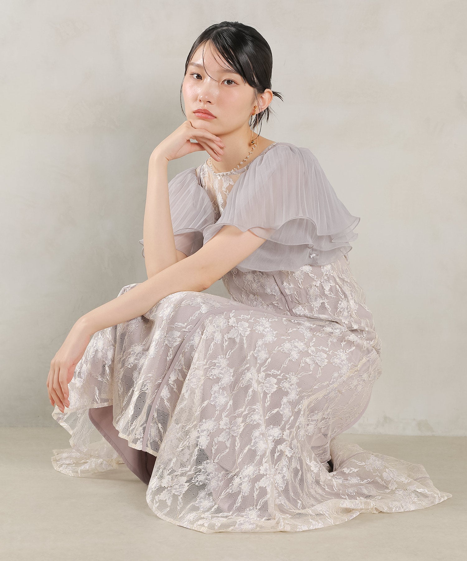 エアリースリーブ 刺繍 レース Aライン ワンピース ドレス