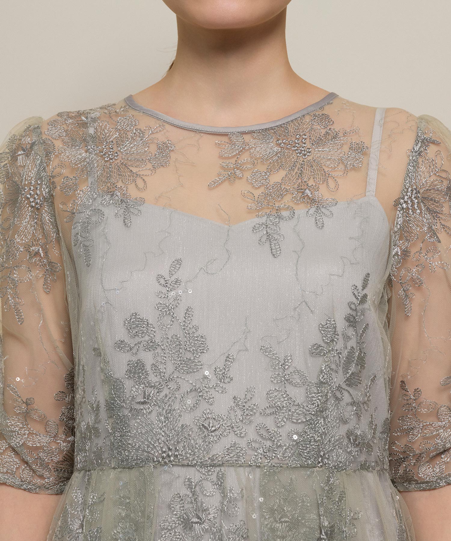 花柄スパンコールAラインワンピースドレス