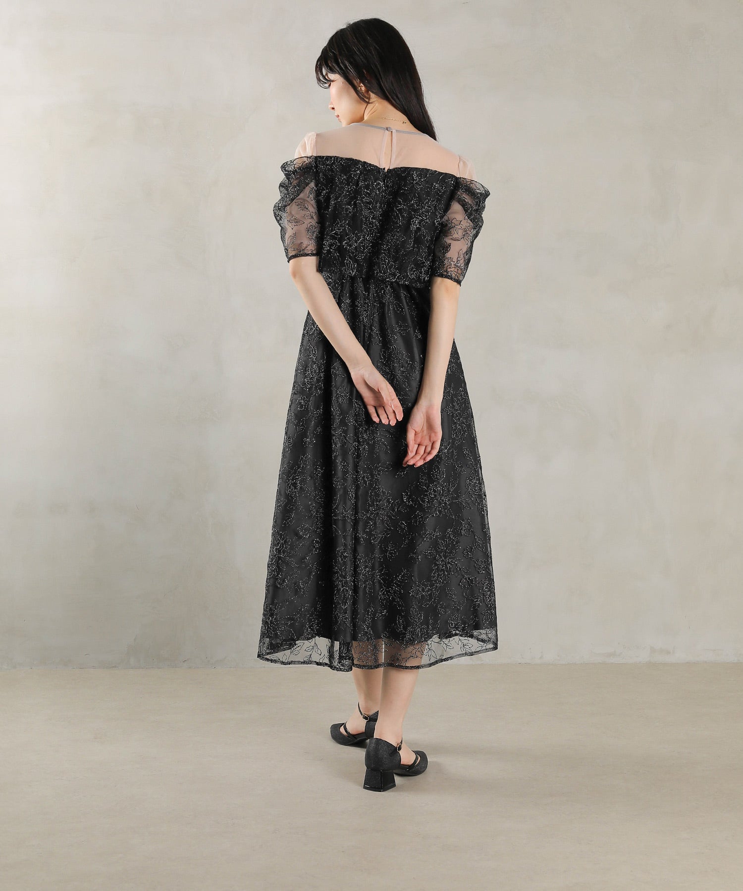 ラメ刺繍 花柄 フレア Aライン ワンピース ドレス