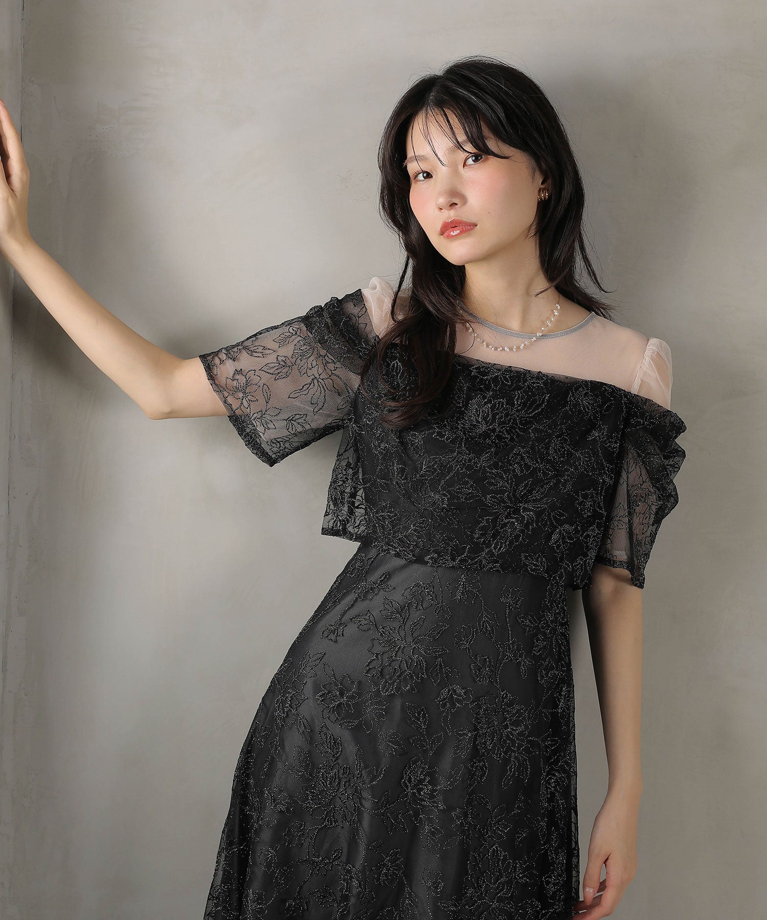 ラメ刺繍 花柄 フレア Aライン ワンピース ドレス