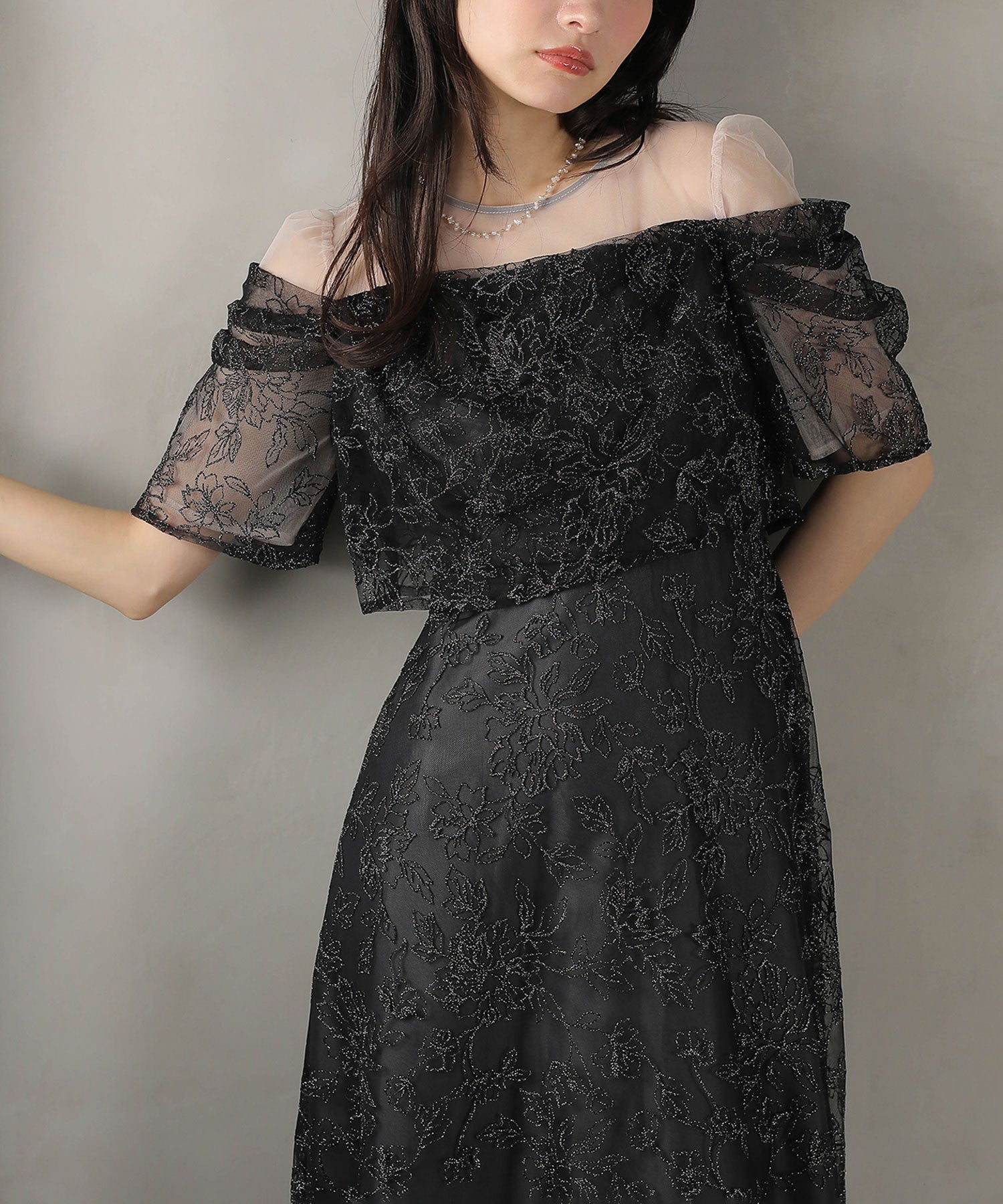 ラメ刺繍 花柄 フレア Aライン ワンピース ドレス