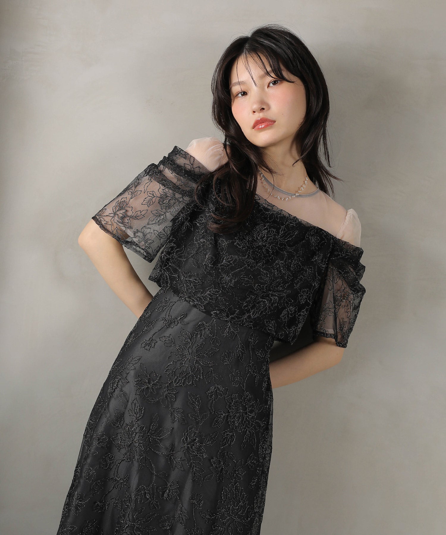 ラメ刺繍 花柄 フレア Aライン ワンピース ドレス