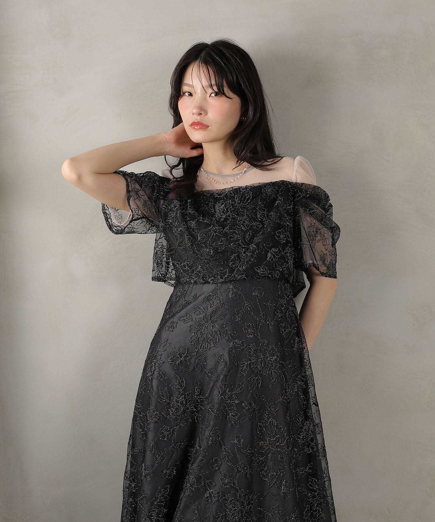 ラメ刺繍 花柄 フレア Aライン ワンピース ドレス