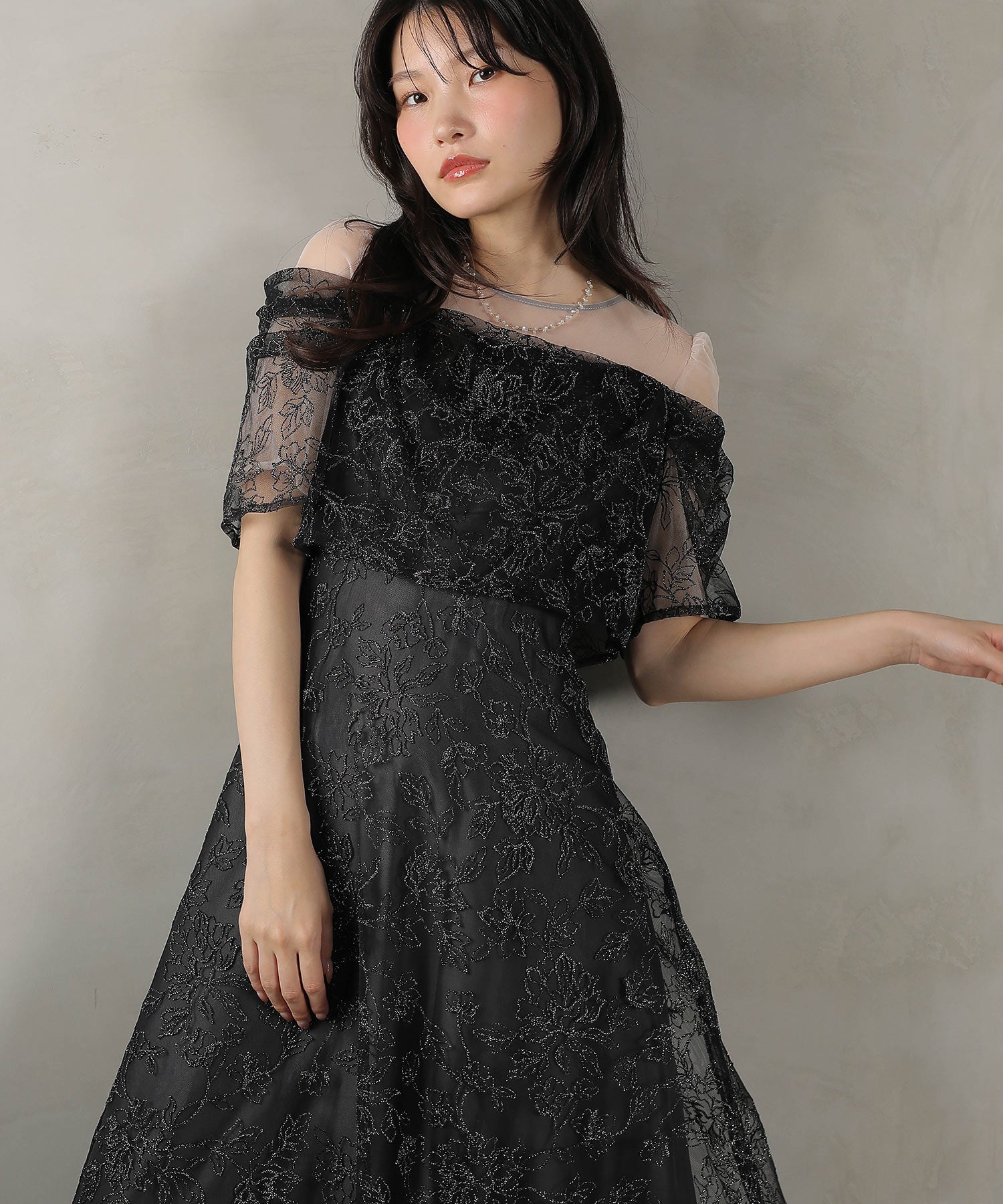 ラメ刺繍 花柄 フレア Aライン ワンピース ドレス