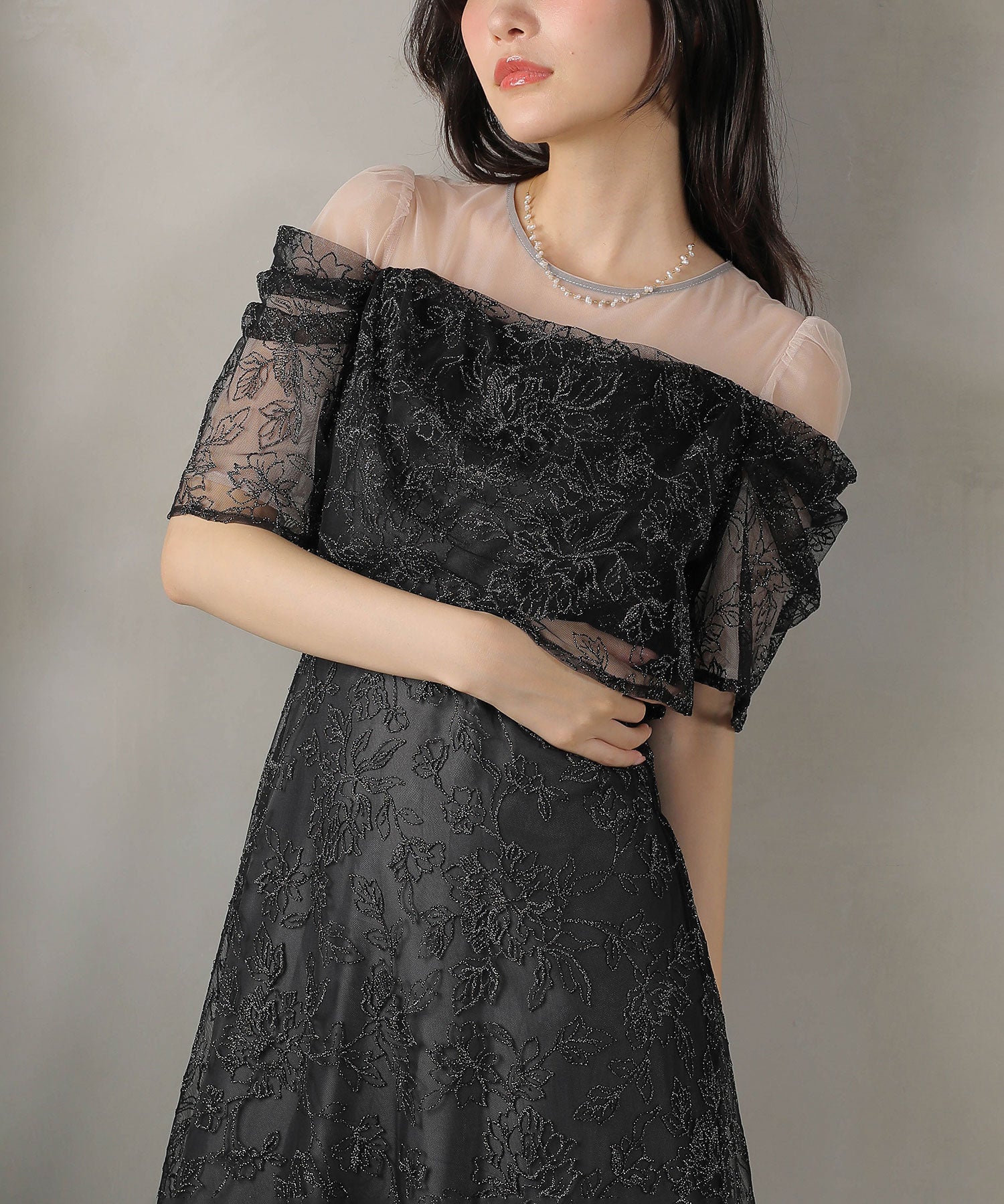 ラメ刺繍 花柄 フレア Aライン ワンピース ドレス