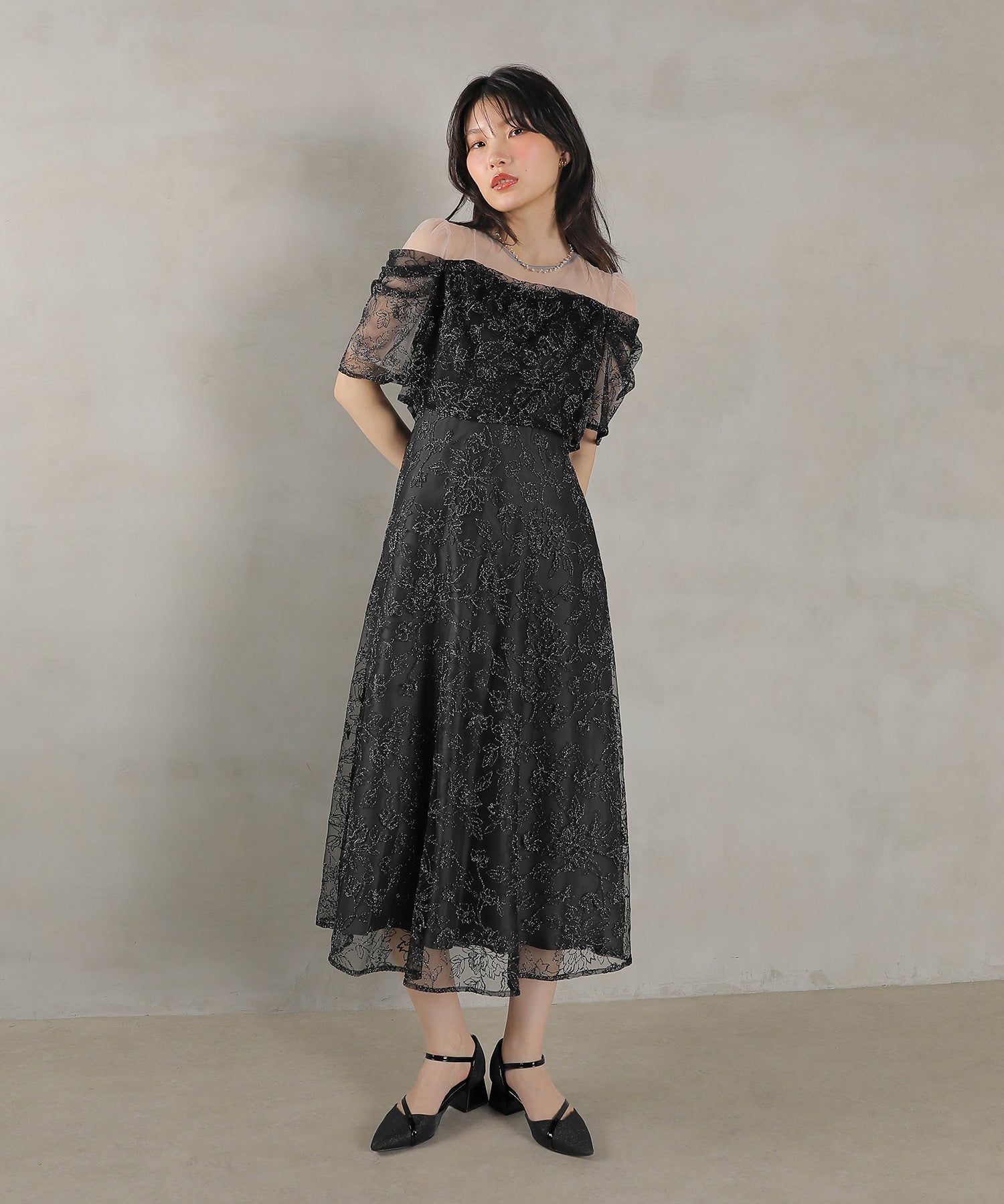 ラメ刺繍 花柄 フレア Aライン ワンピース ドレス