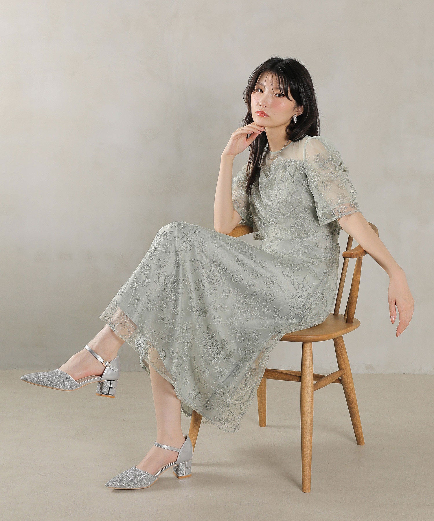 ラメ刺繍 花柄 フレア Aライン ワンピース ドレス