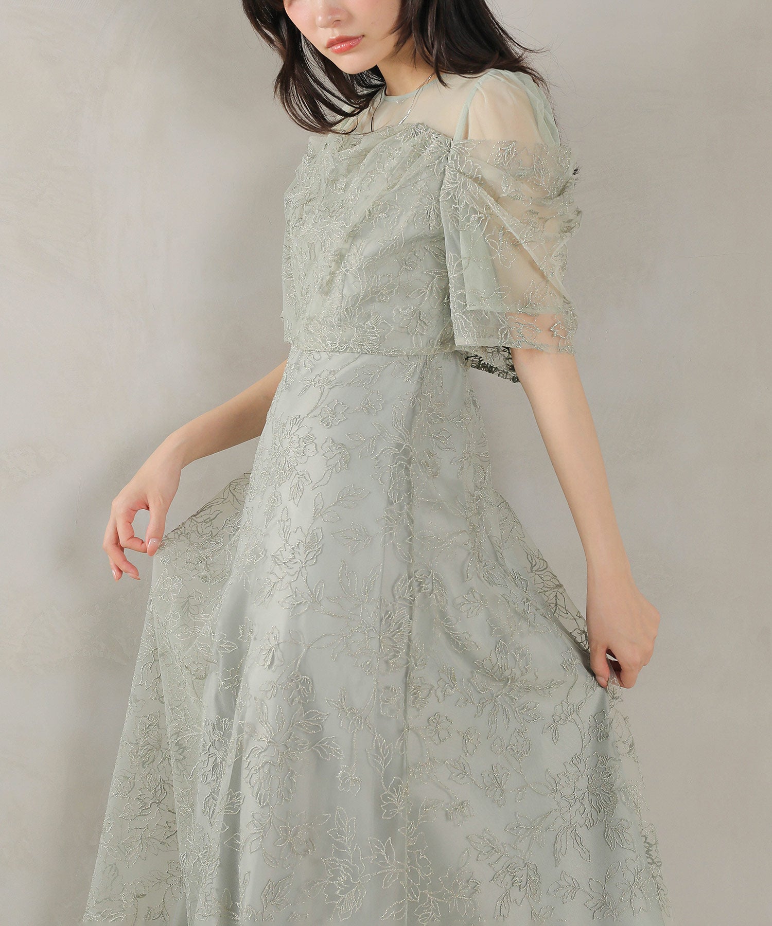 ラメ刺繍 花柄 フレア Aライン ワンピース ドレス