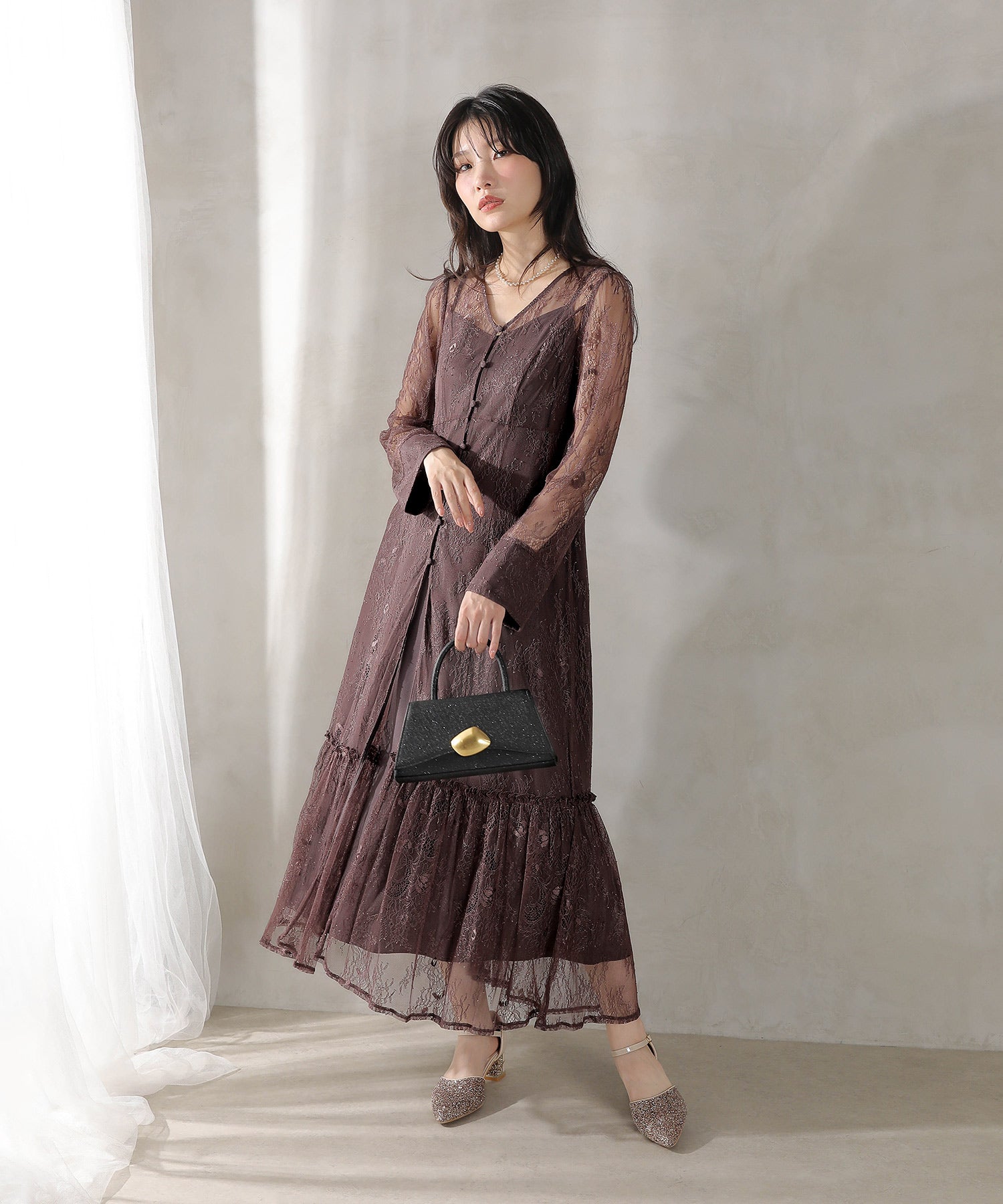 総レース ティアード Aライン ワンピースドレス