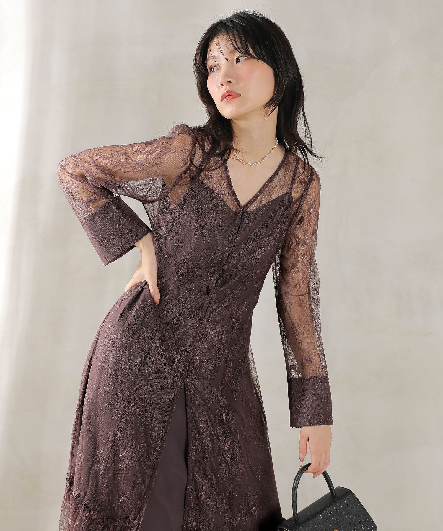 総レース ティアード Aライン ワンピースドレス