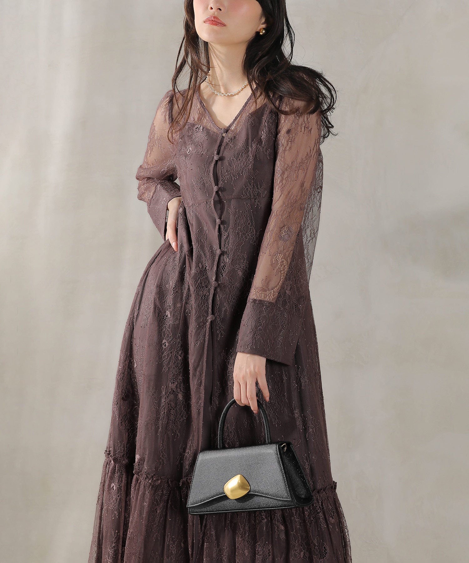 総レース ティアード Aライン ワンピースドレス