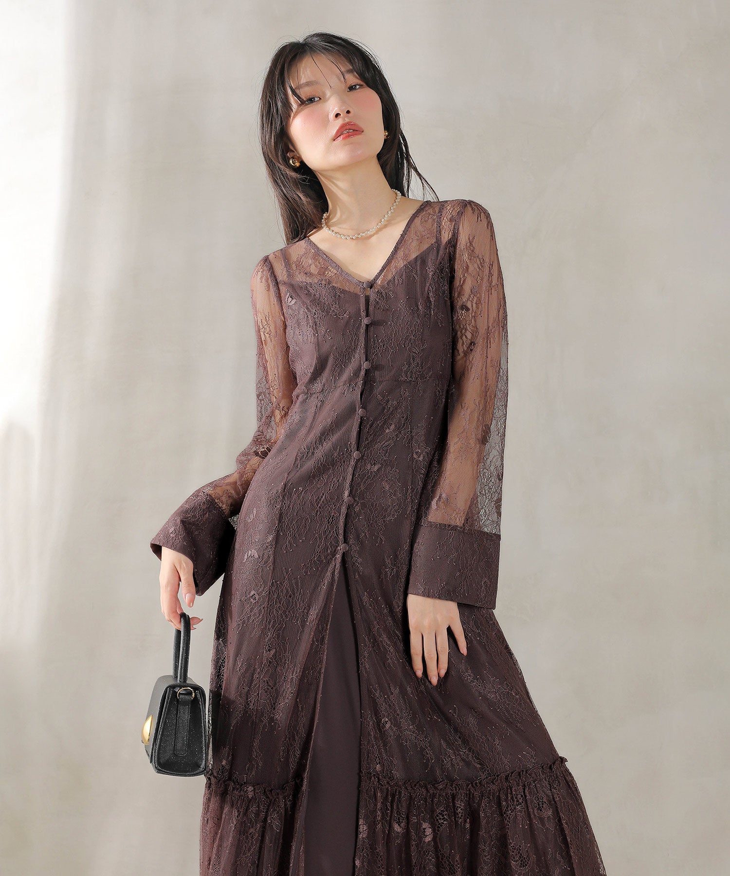 総レース ティアード Aライン ワンピースドレス