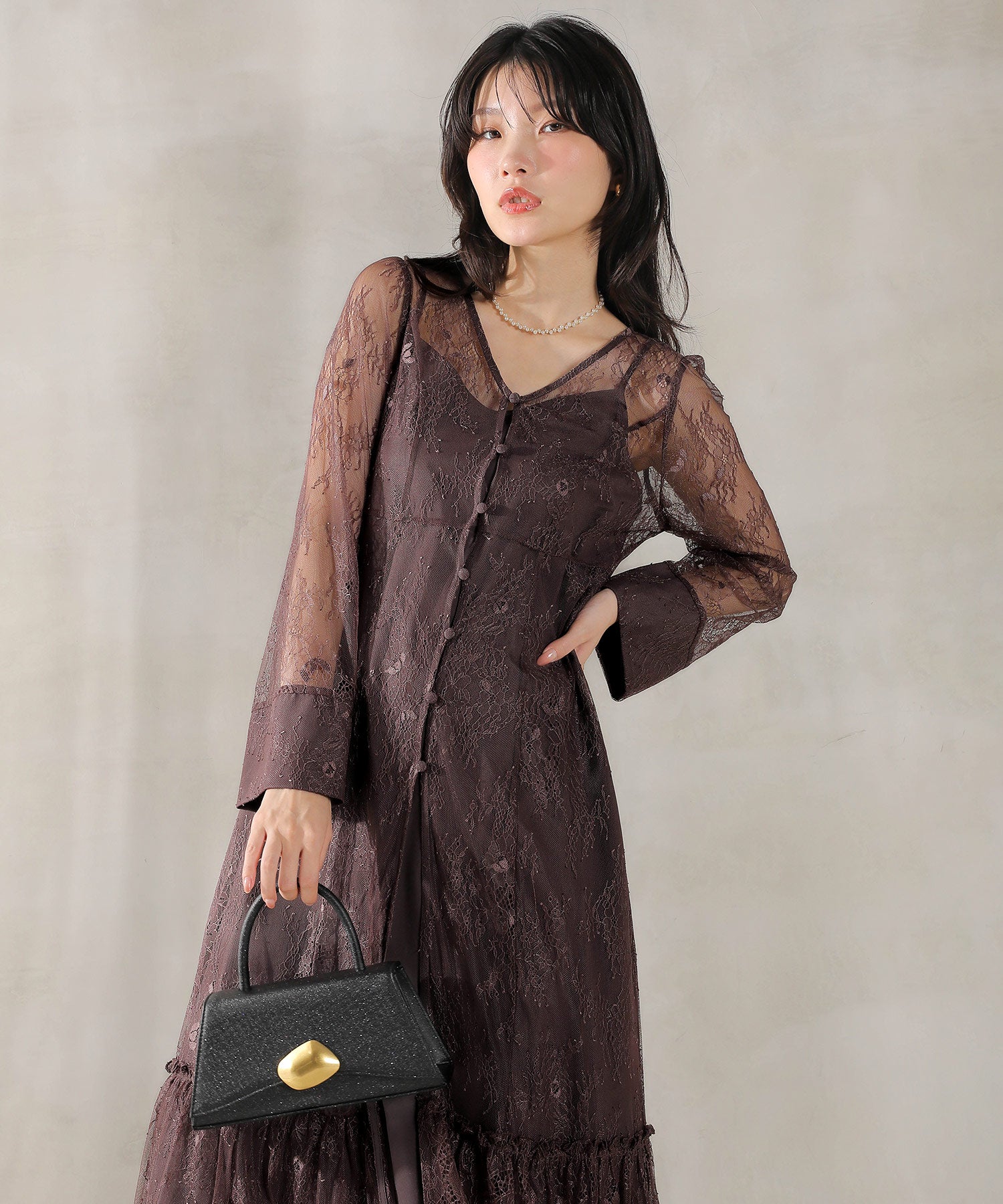 総レース ティアード Aライン ワンピースドレス