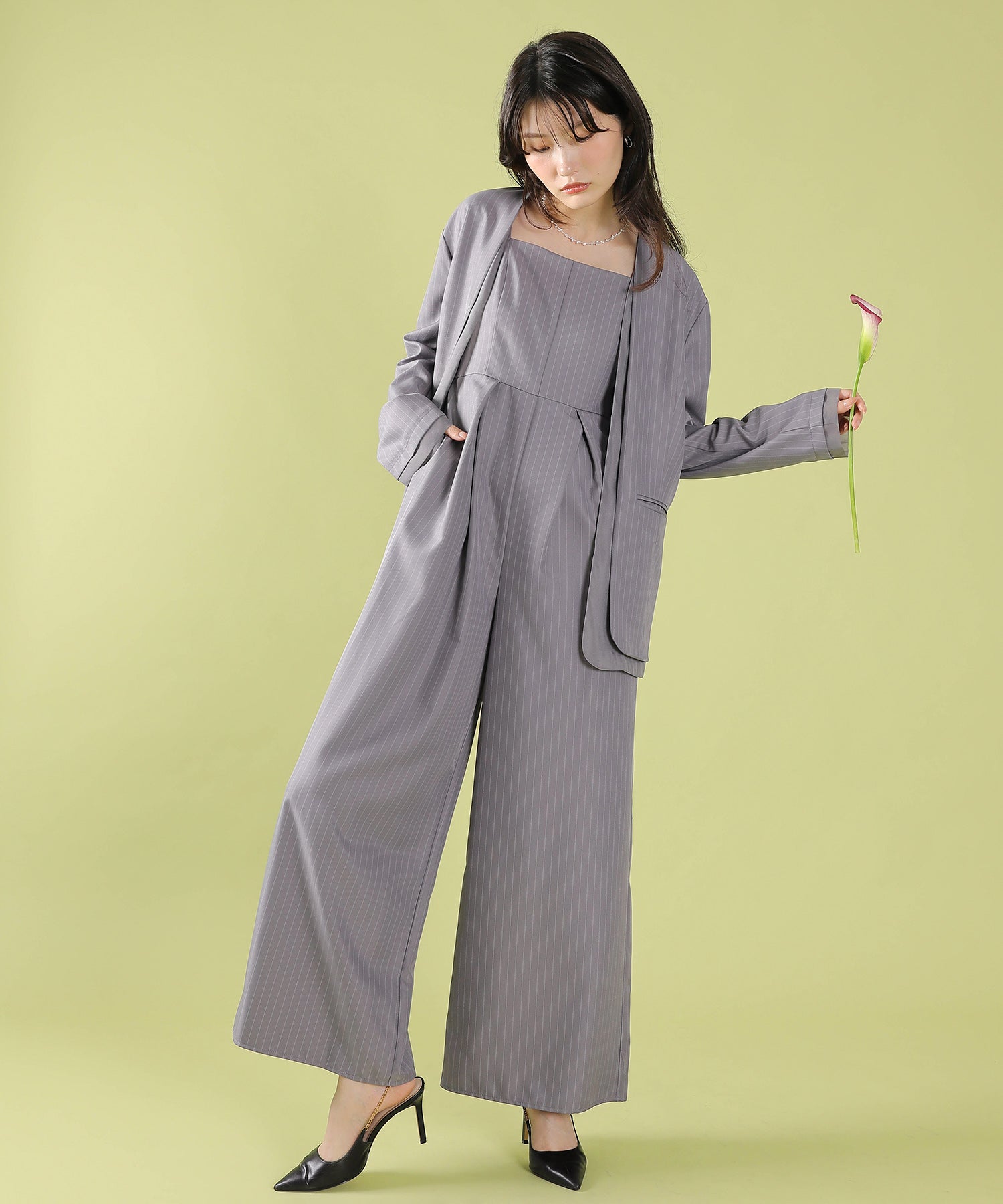 フロントシアージャケット ワイドパンツ オールインワン セットアップ