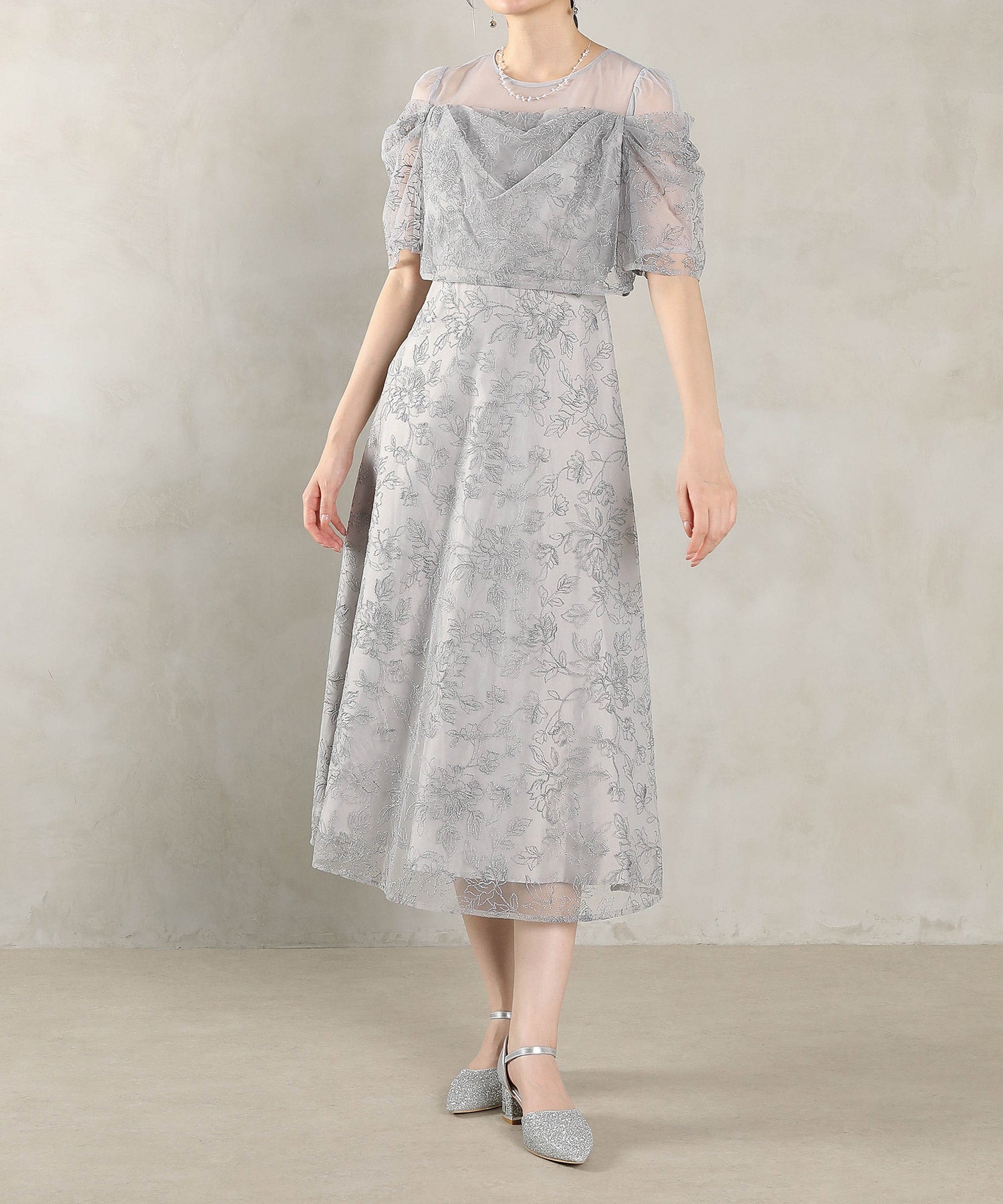 ラメ刺繍 花柄 フレア Aライン ワンピース ドレス