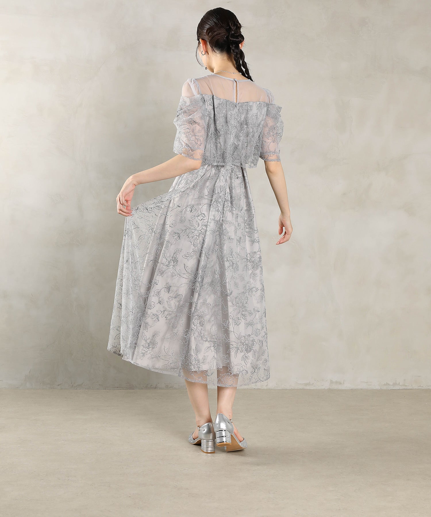 ラメ刺繍 花柄 フレア Aライン ワンピース ドレス