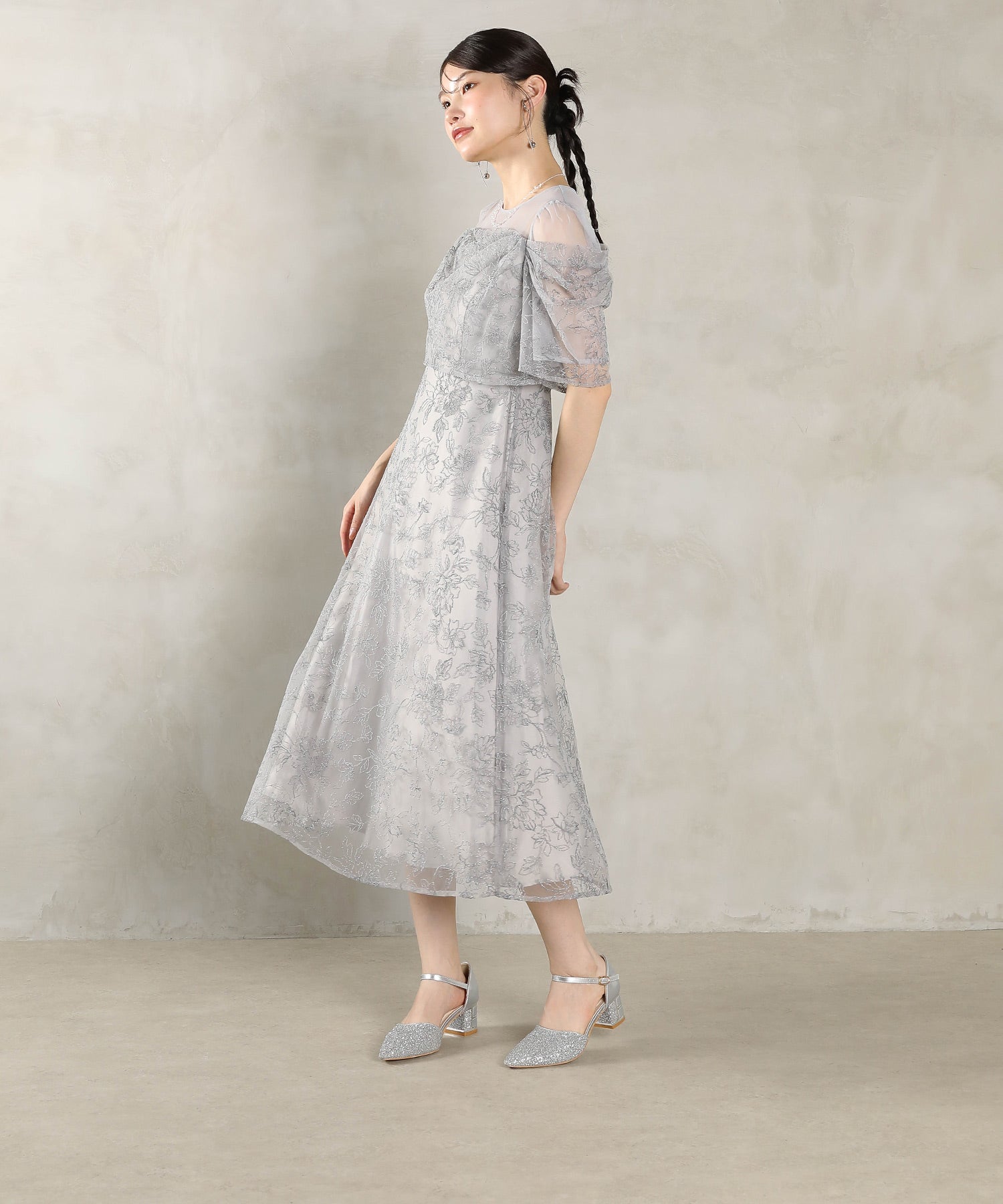 ラメ刺繍 花柄 フレア Aライン ワンピース ドレス