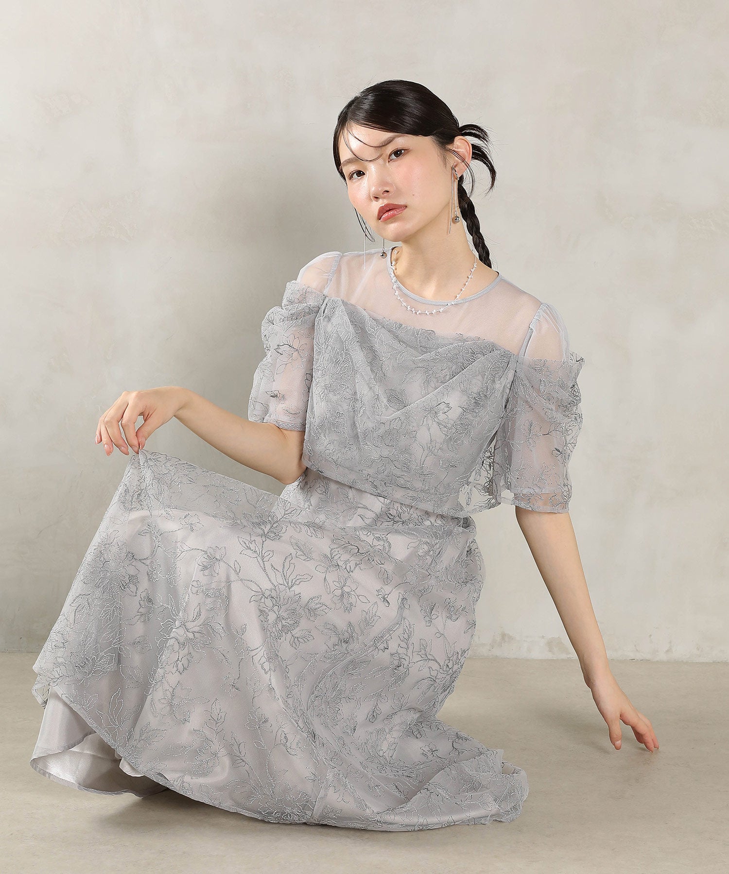 ラメ刺繍 花柄 フレア Aライン ワンピース ドレス