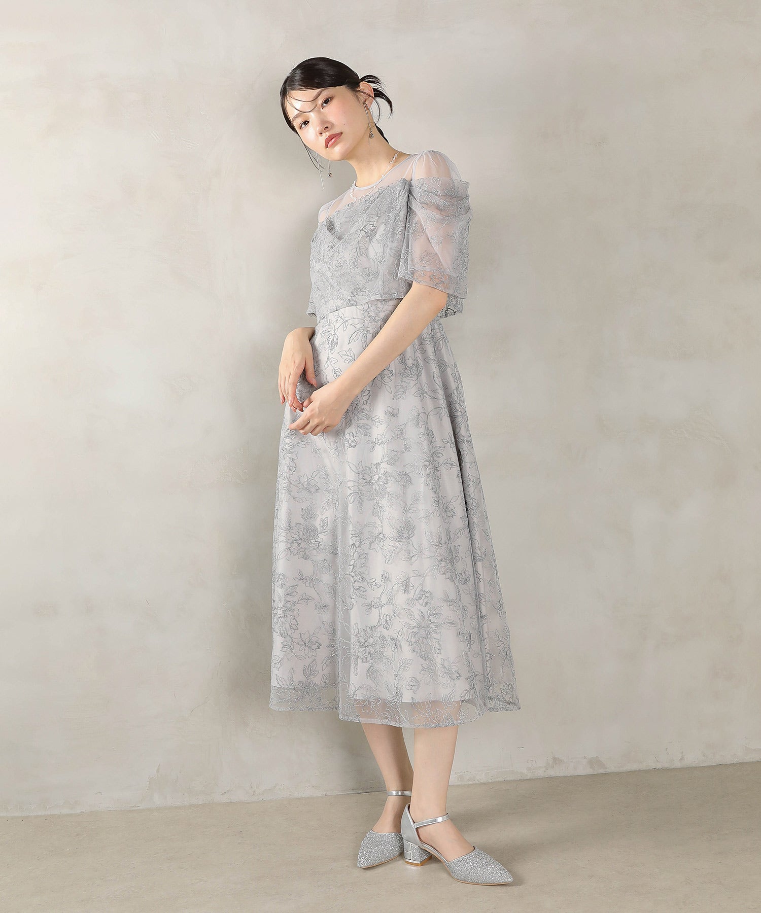 ラメ刺繍 花柄 フレア Aライン ワンピース ドレス