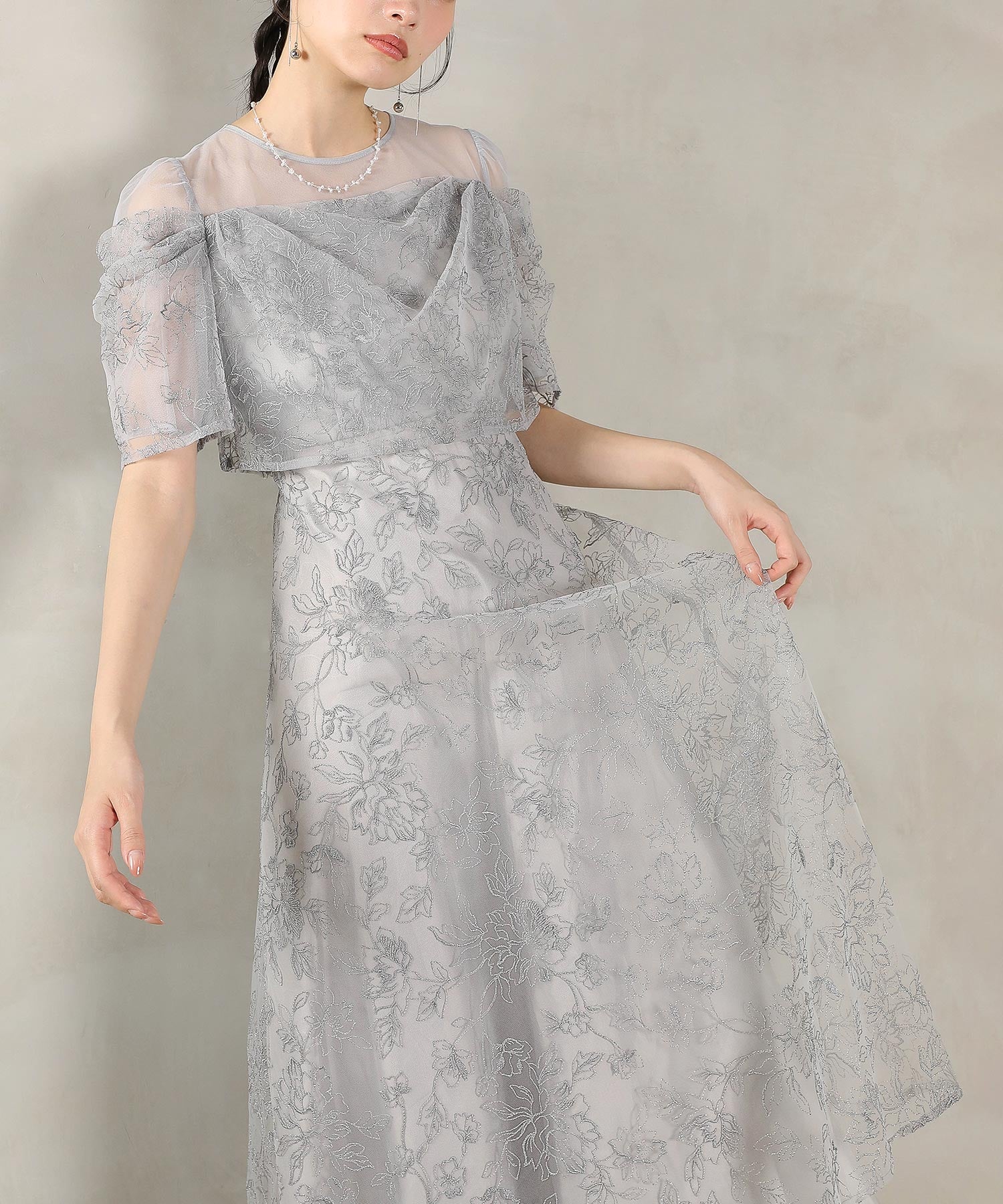 ラメ刺繍 花柄 フレア Aライン ワンピース ドレス