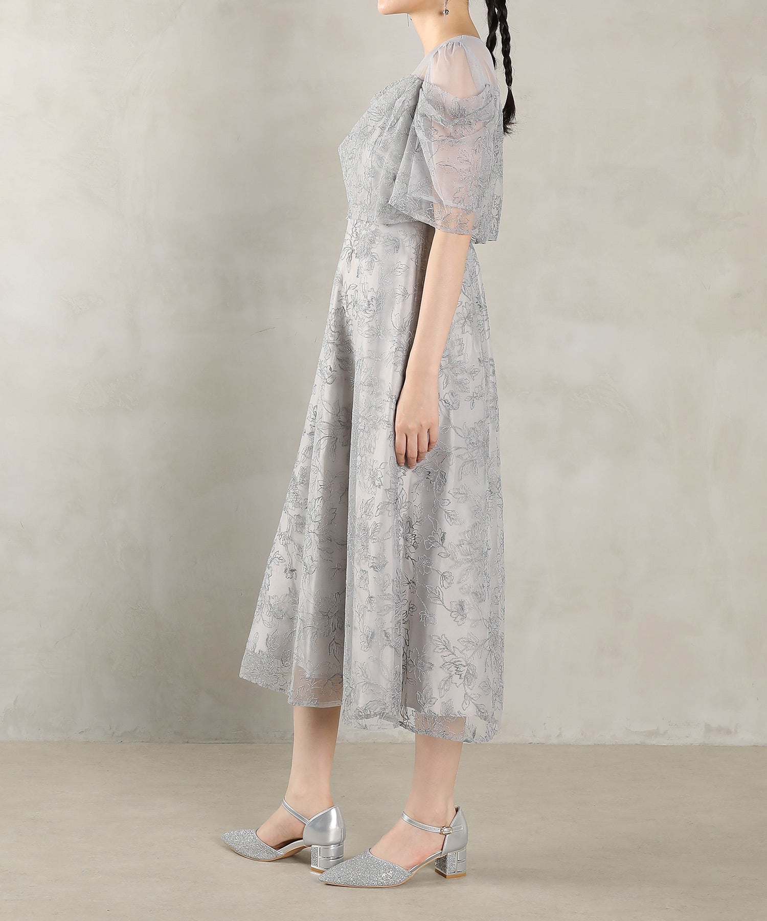 ラメ刺繍 花柄 フレア Aライン ワンピース ドレス