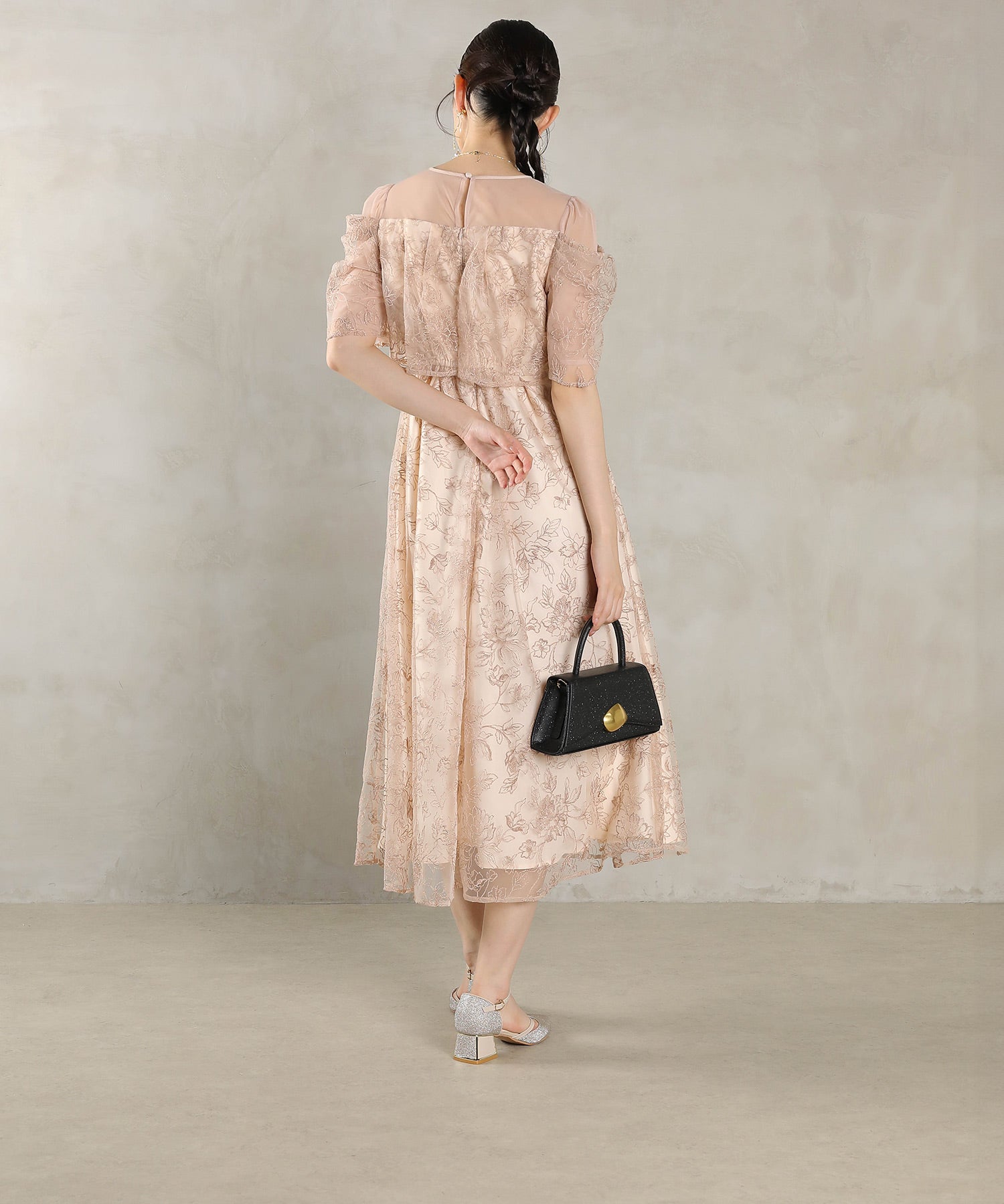 ラメ刺繍 花柄 フレア Aライン ワンピース ドレス