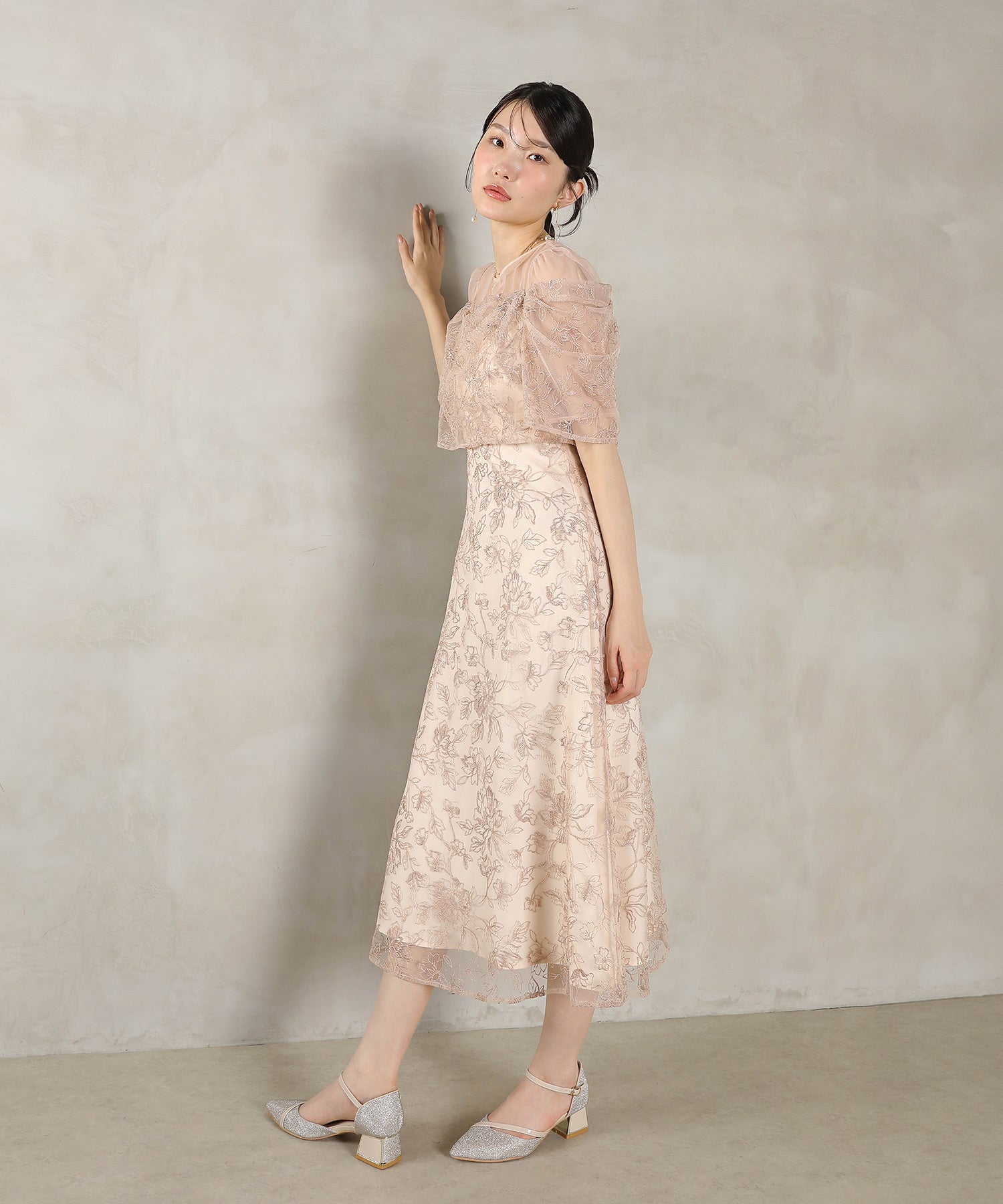 ラメ刺繍 花柄 フレア Aライン ワンピース ドレス