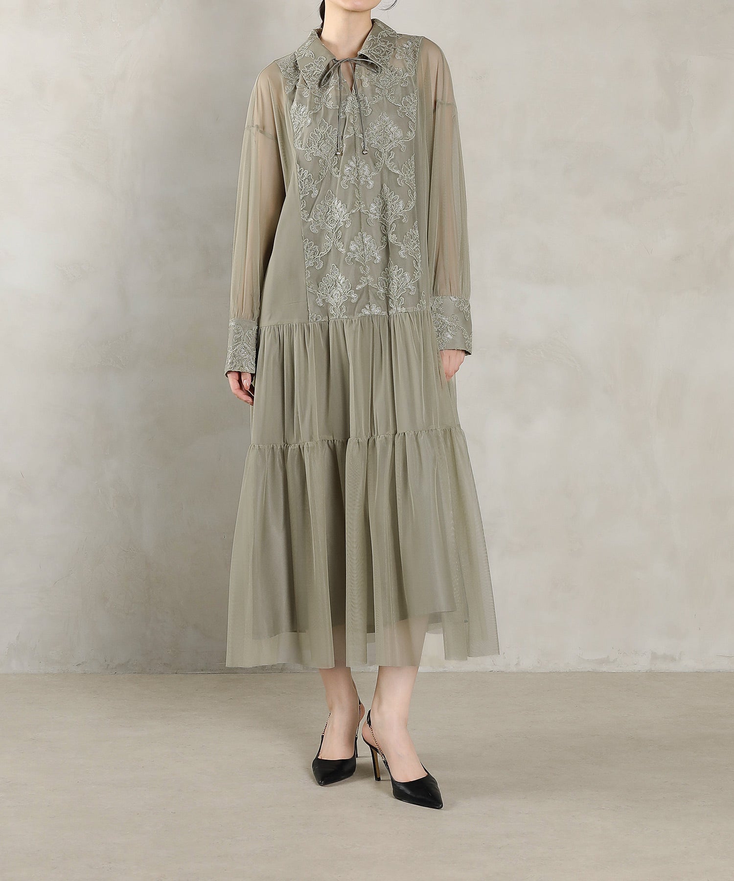 刺繍レース 襟 シアー ティアード ワンピース ドレス