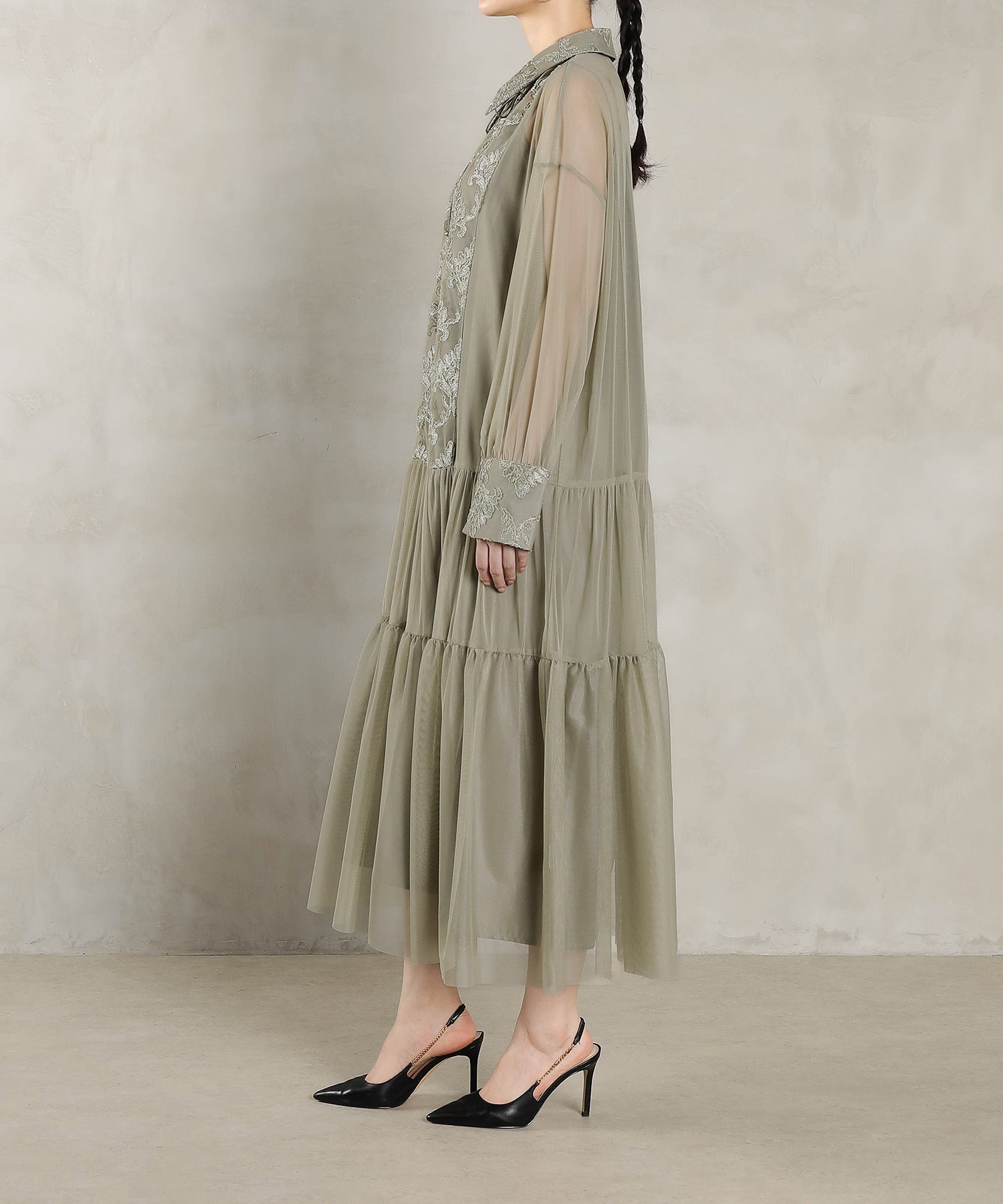 刺繍レース 襟 シアー ティアード ワンピース ドレス