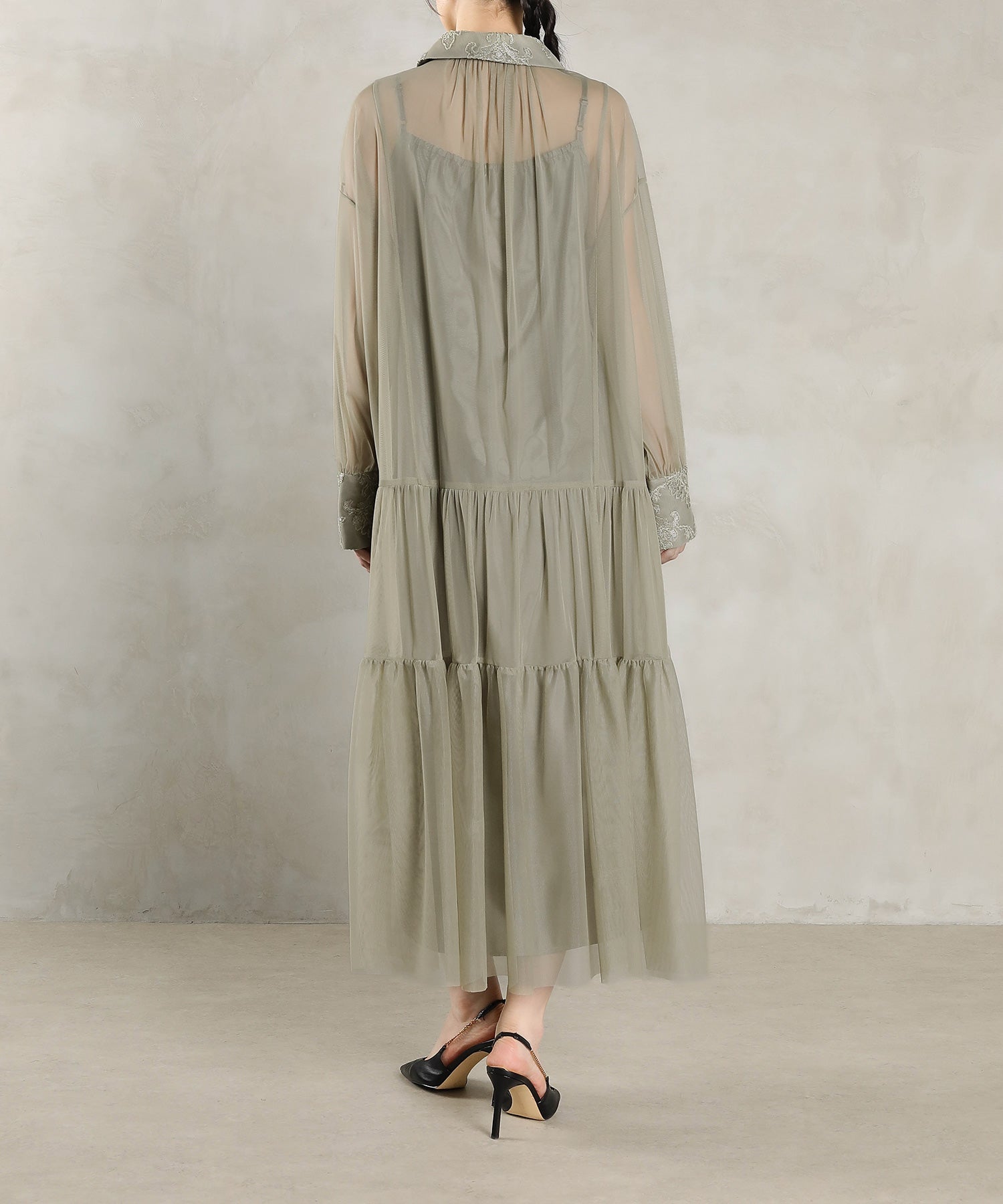 刺繍レース 襟 シアー ティアード ワンピース ドレス