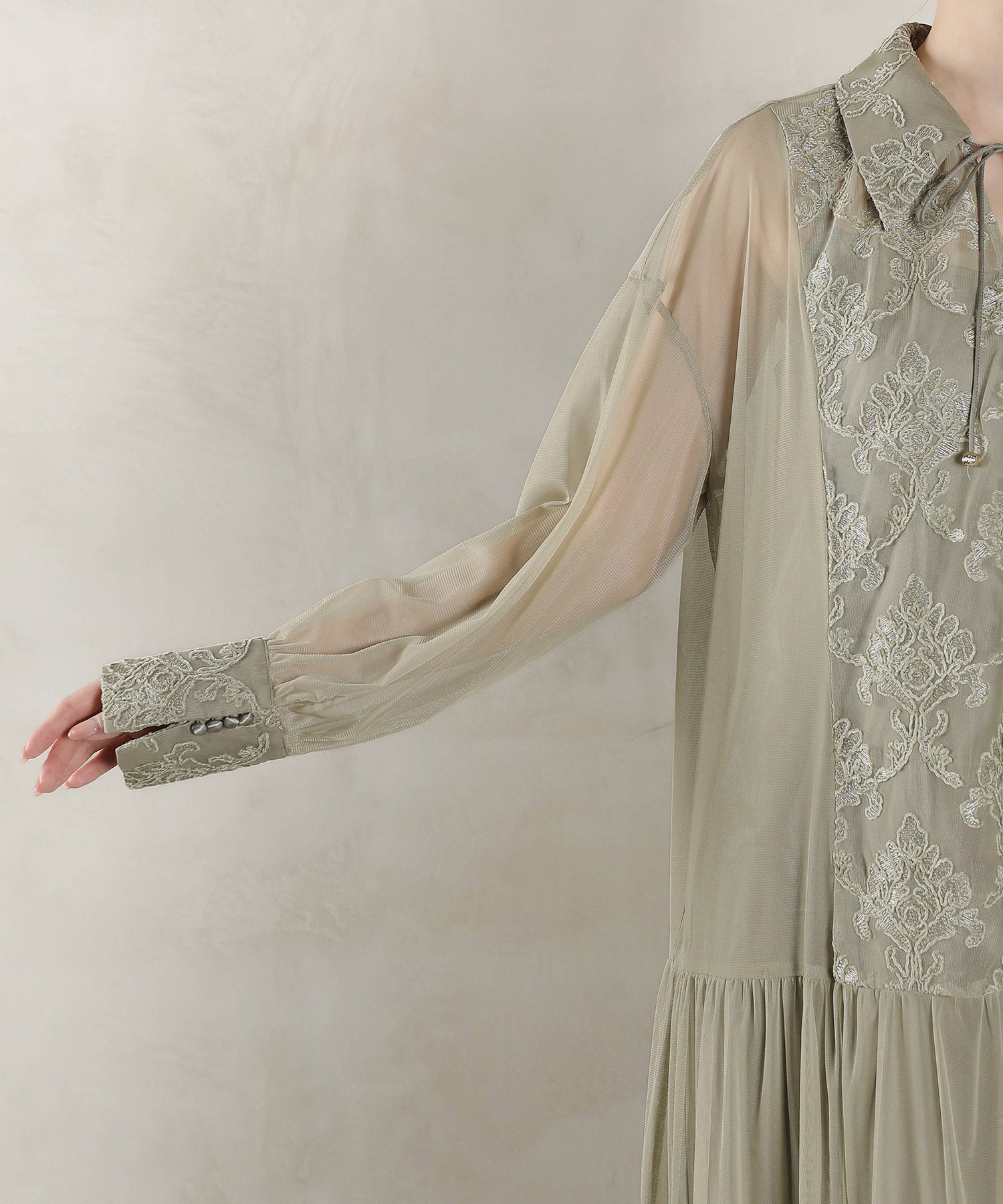 刺繍レース 襟 シアー ティアード ワンピース ドレス