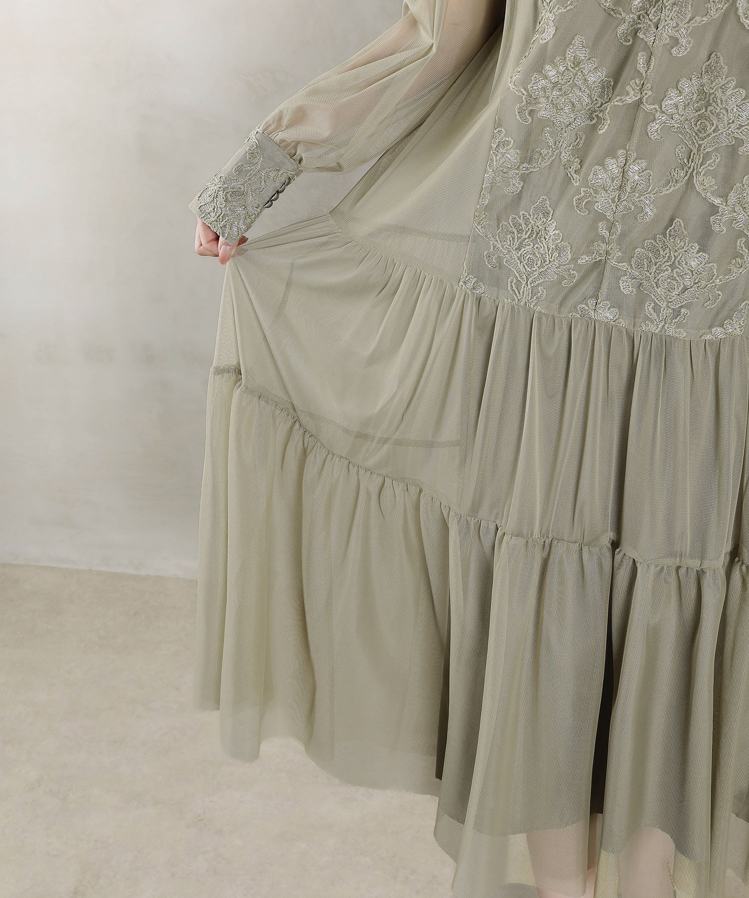 刺繍レース 襟 シアー ティアード ワンピース ドレス