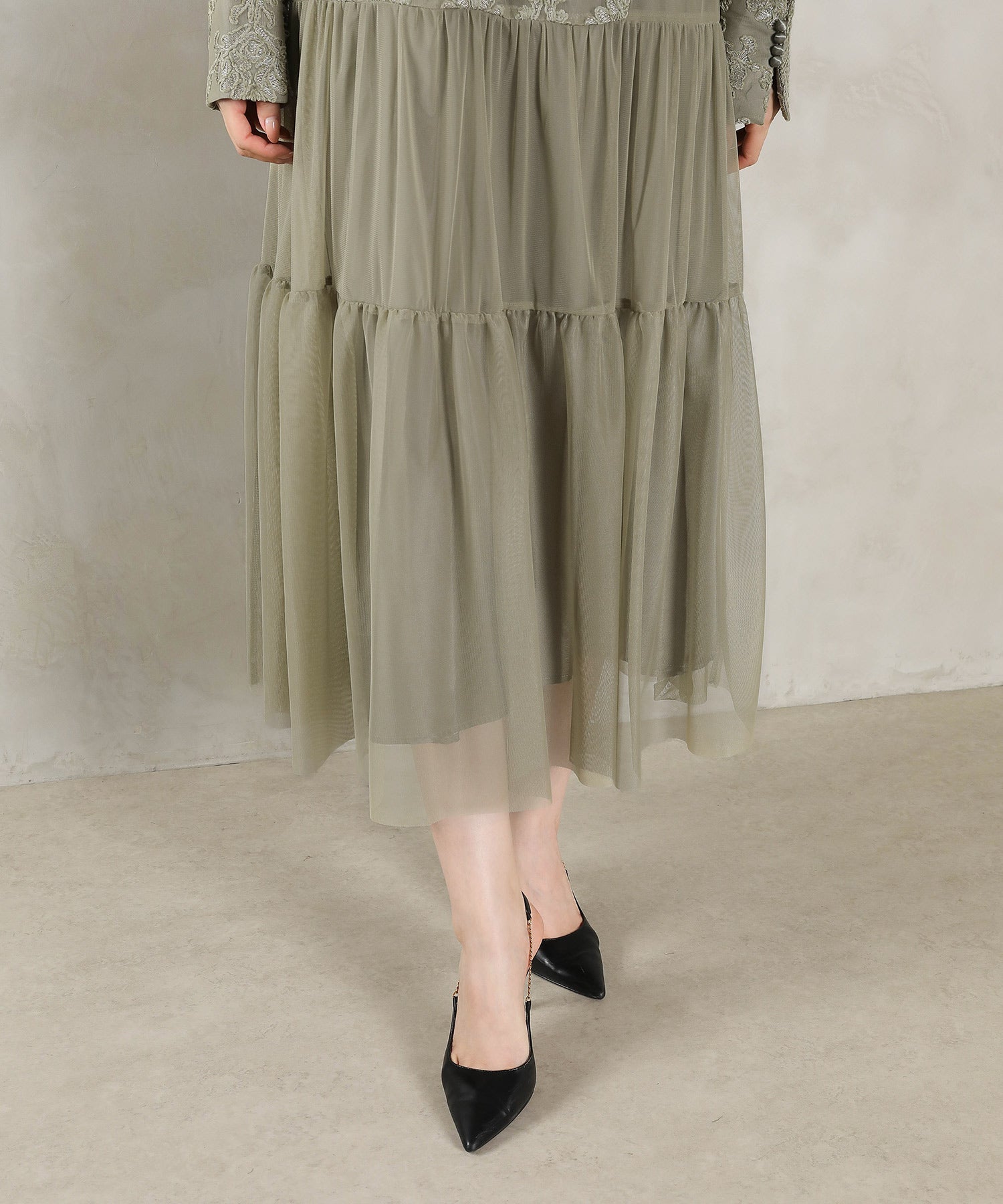 刺繍レース 襟 シアー ティアード ワンピース ドレス