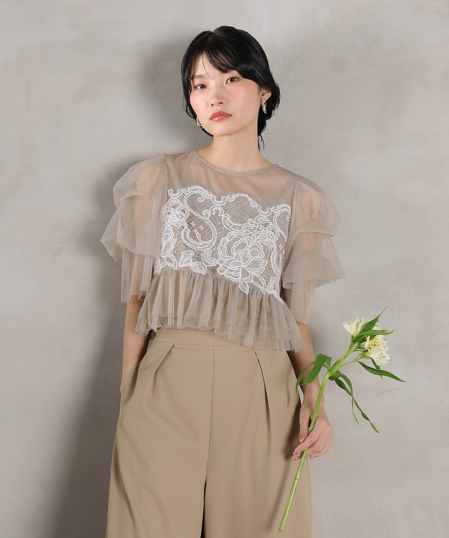 レースチュール ボリューム袖 パンツドレス 3点セット