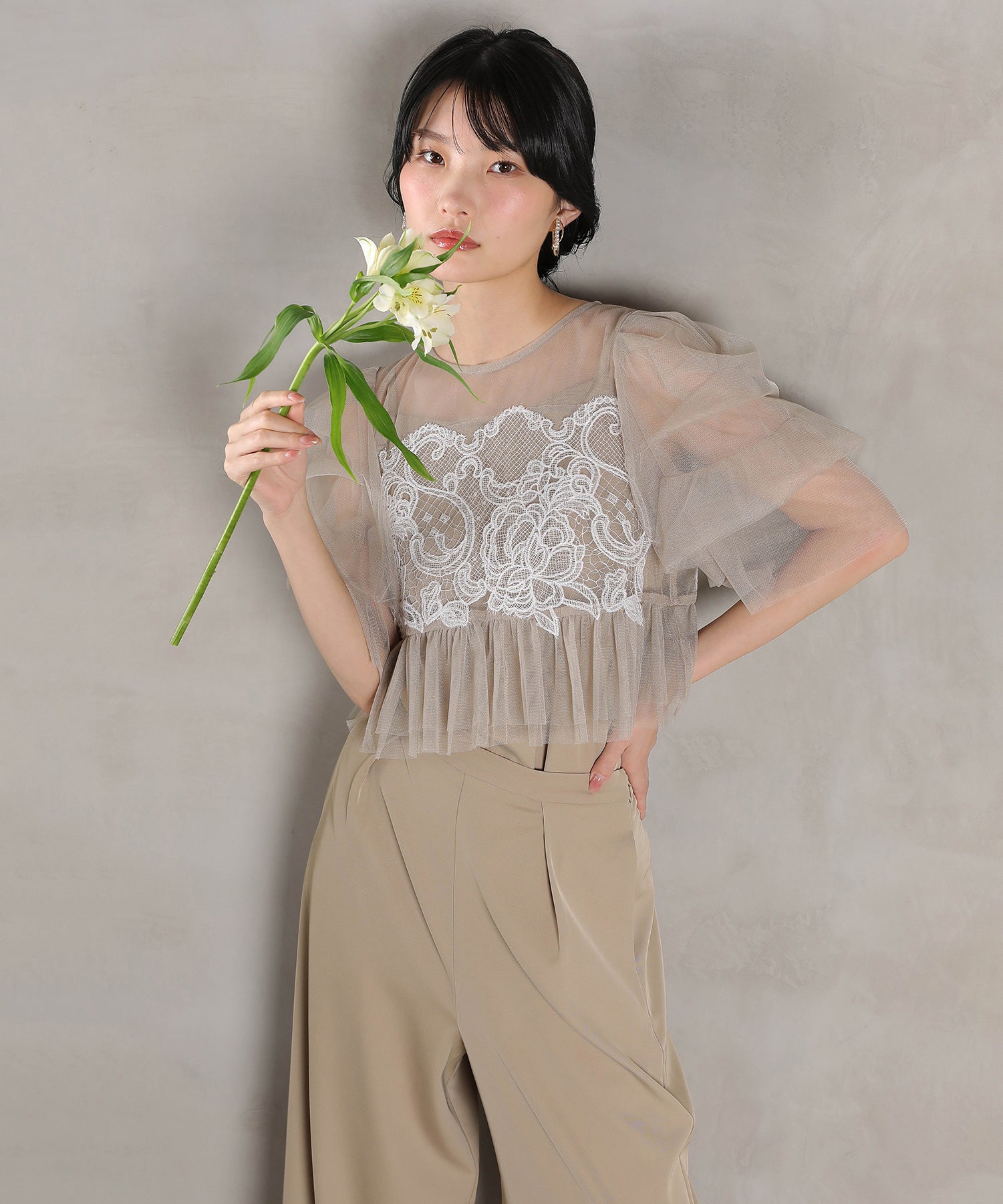 レースチュール ボリューム袖 パンツドレス 3点セット