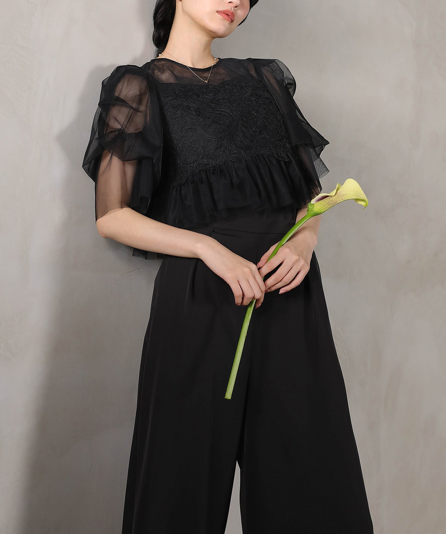 レースチュール ボリューム袖 パンツドレス 3点セット