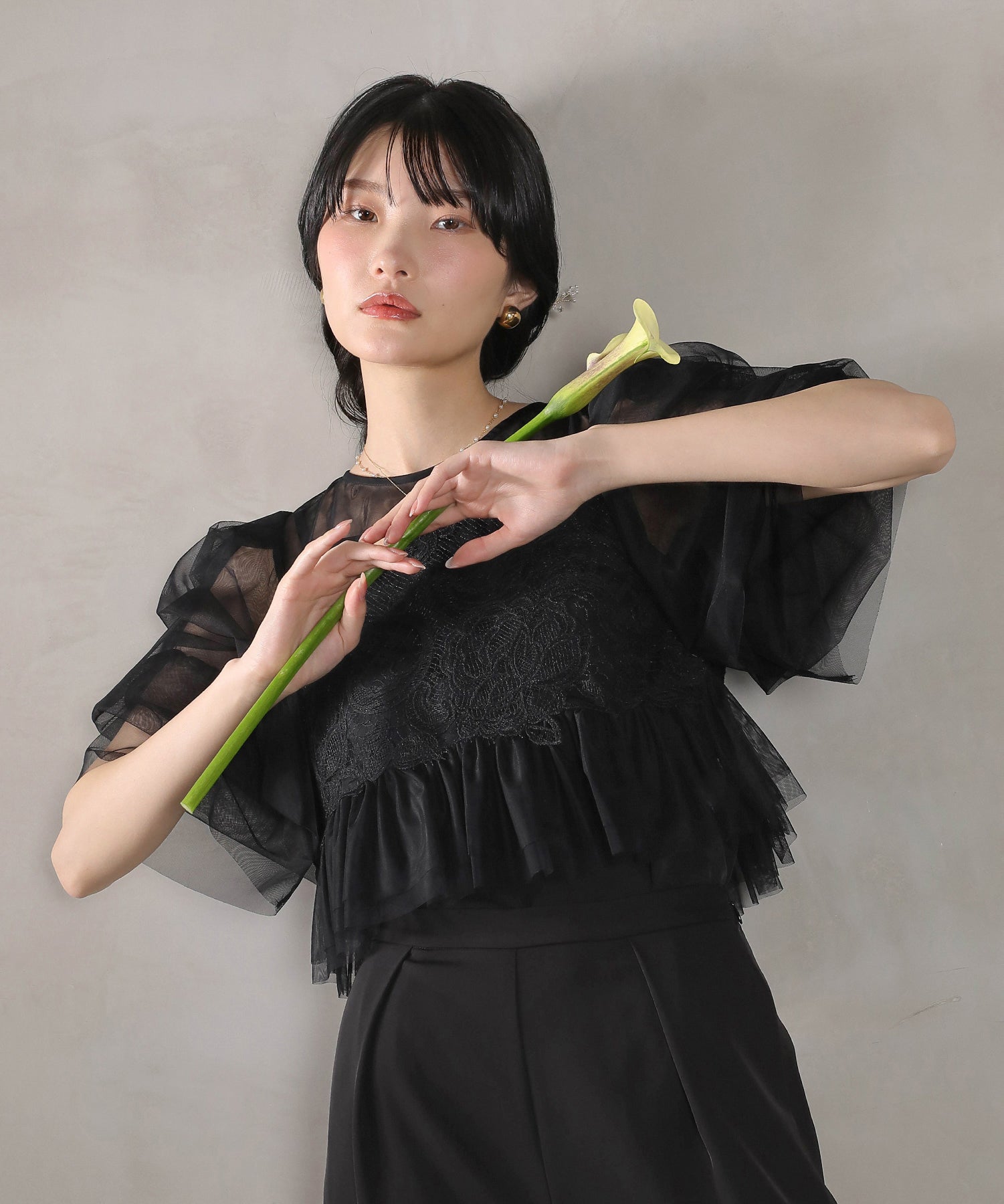 レースチュール ボリューム袖 パンツドレス 3点セット