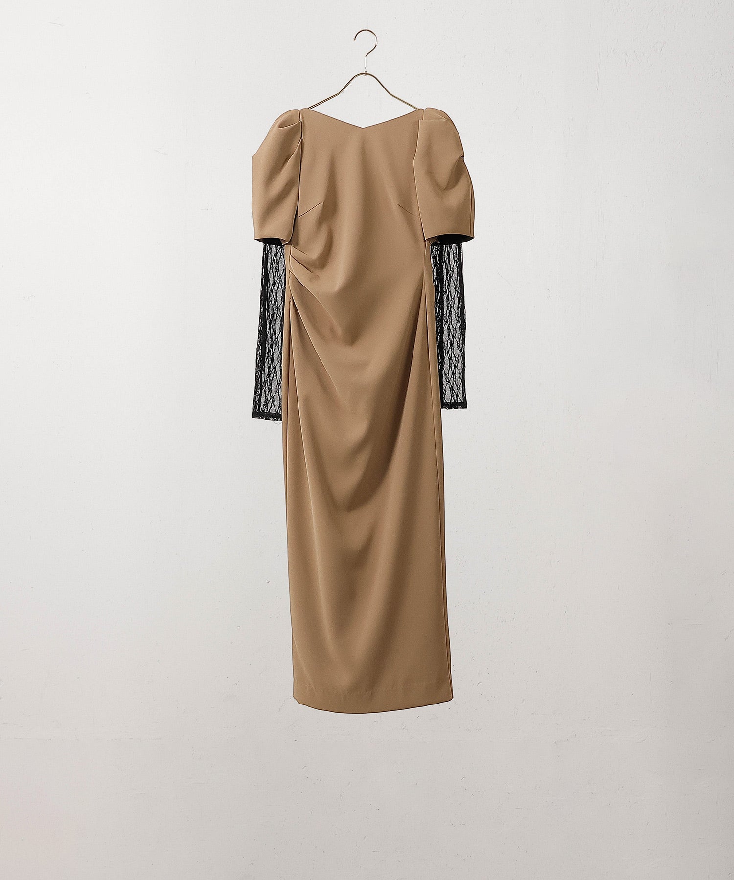 レースアームカバー付き ドレープ パフスリーブ Iライン ワンピースドレス